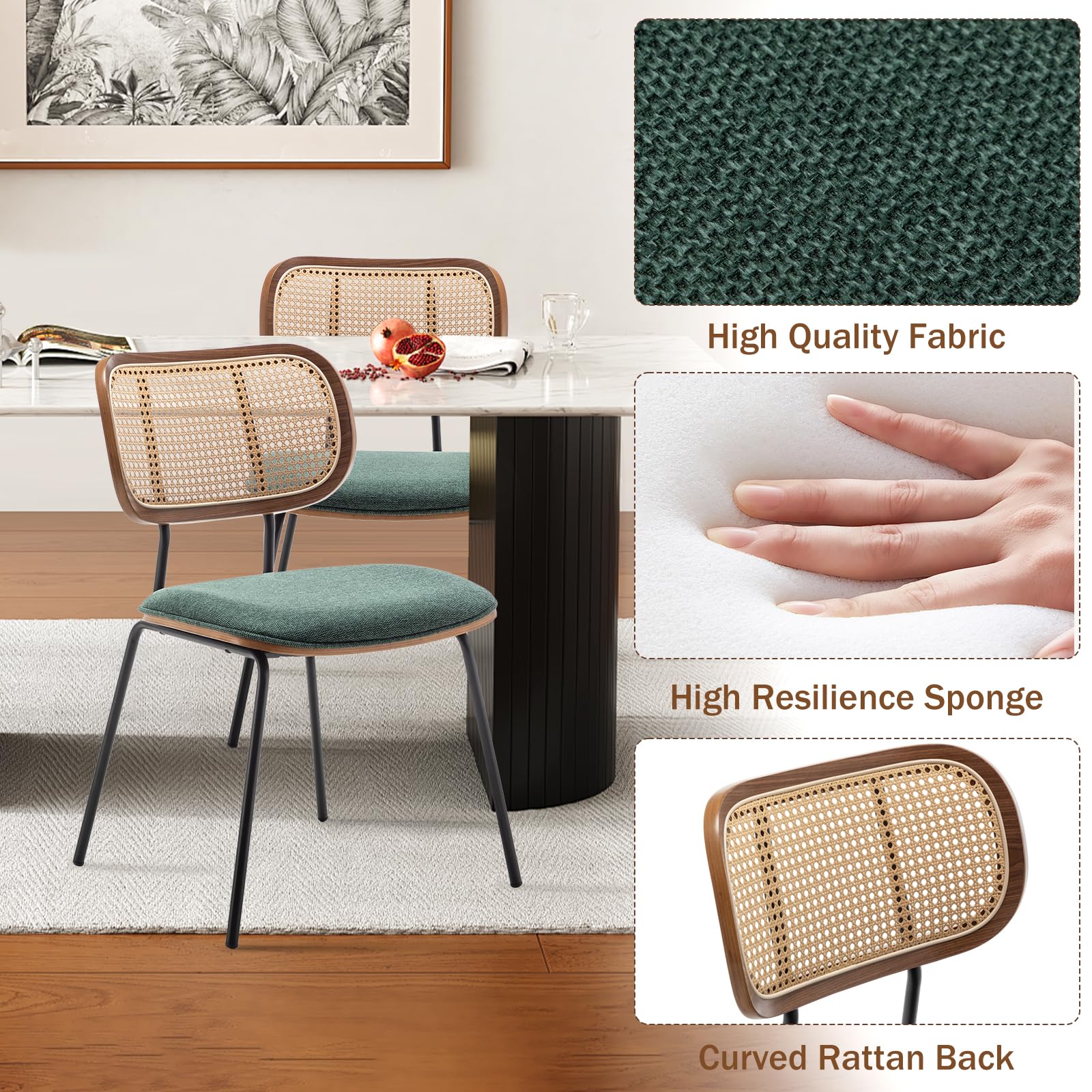 Mid Century Modern Rattan Dining Chairs Set of 2 - Cane Back Kitchen & Dining Room Chairs with Black Metal Legs in Green | Perfect for Boho Home Decor, Farmhouse Dining, and Indoor/Outdoor Entertaining