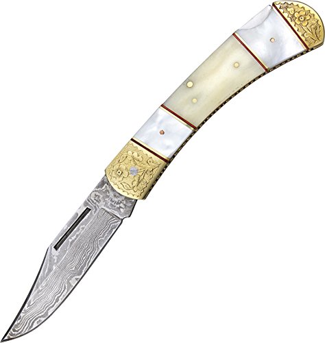 SZCO Supplies Classic Damascus Folding Knife - High Carbon Steel Pocket Knife with Wood Handle | Perfect for Camping, Hunting & Outdoor Adventures