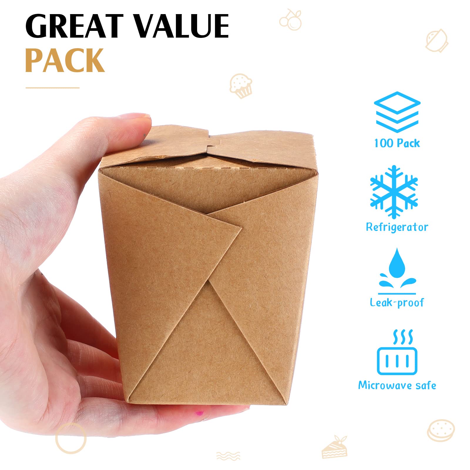 16 oz Kraft Brown Disposable Takeout Food Containers - 100 Pcs Stackable Leak-Resistant Chinese Takeout Boxes for Catering, Restaurants & Party Food Service | Perfect for Meal Prep, Leftovers & On-the-Go Dining
