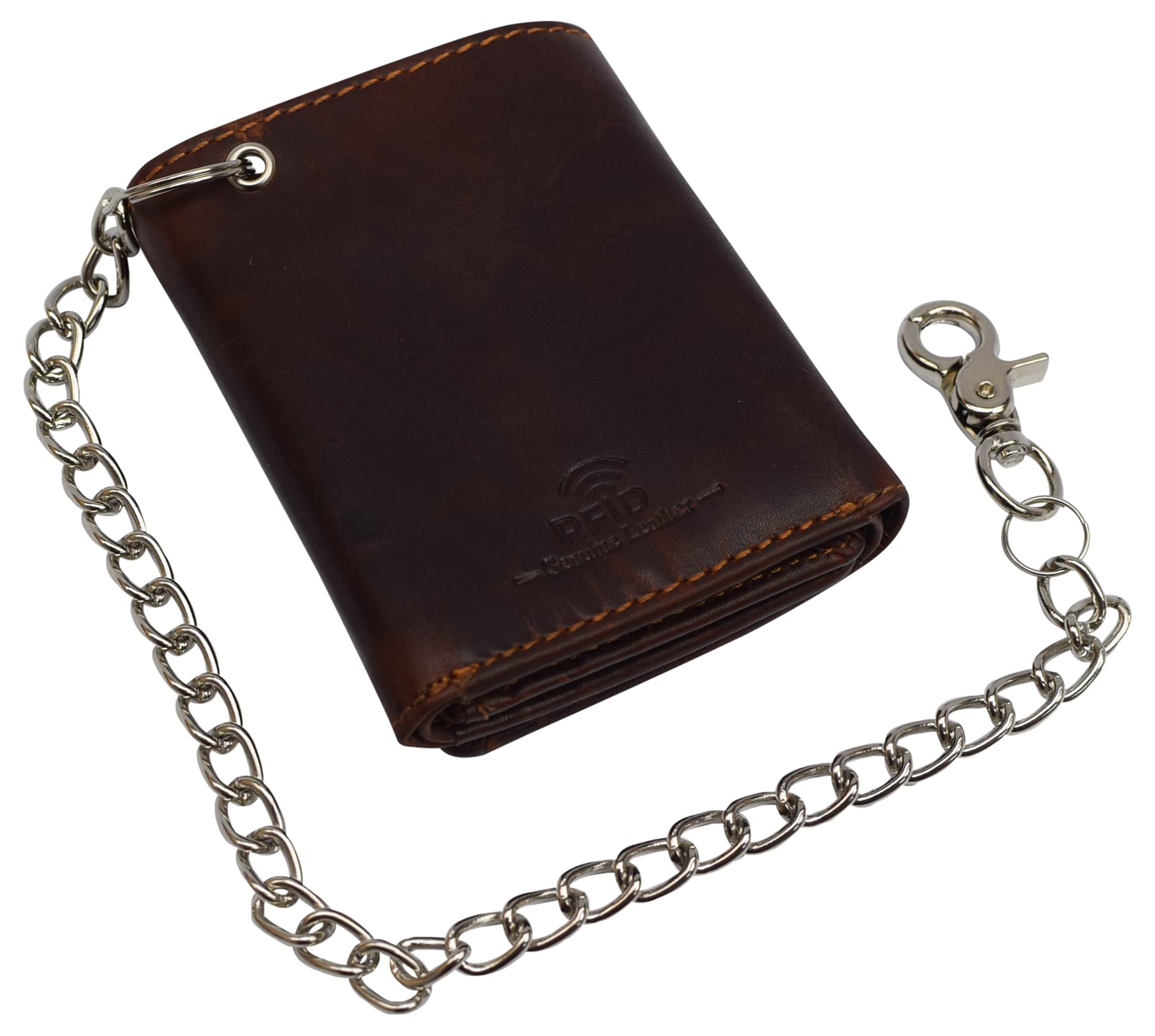 Premium RFID Blocking Leather Chain Trifold Wallet for Men - Vintage Brown with Detachable Chain | Secure & Stylish Wallet for Travel, Business & Everyday Use