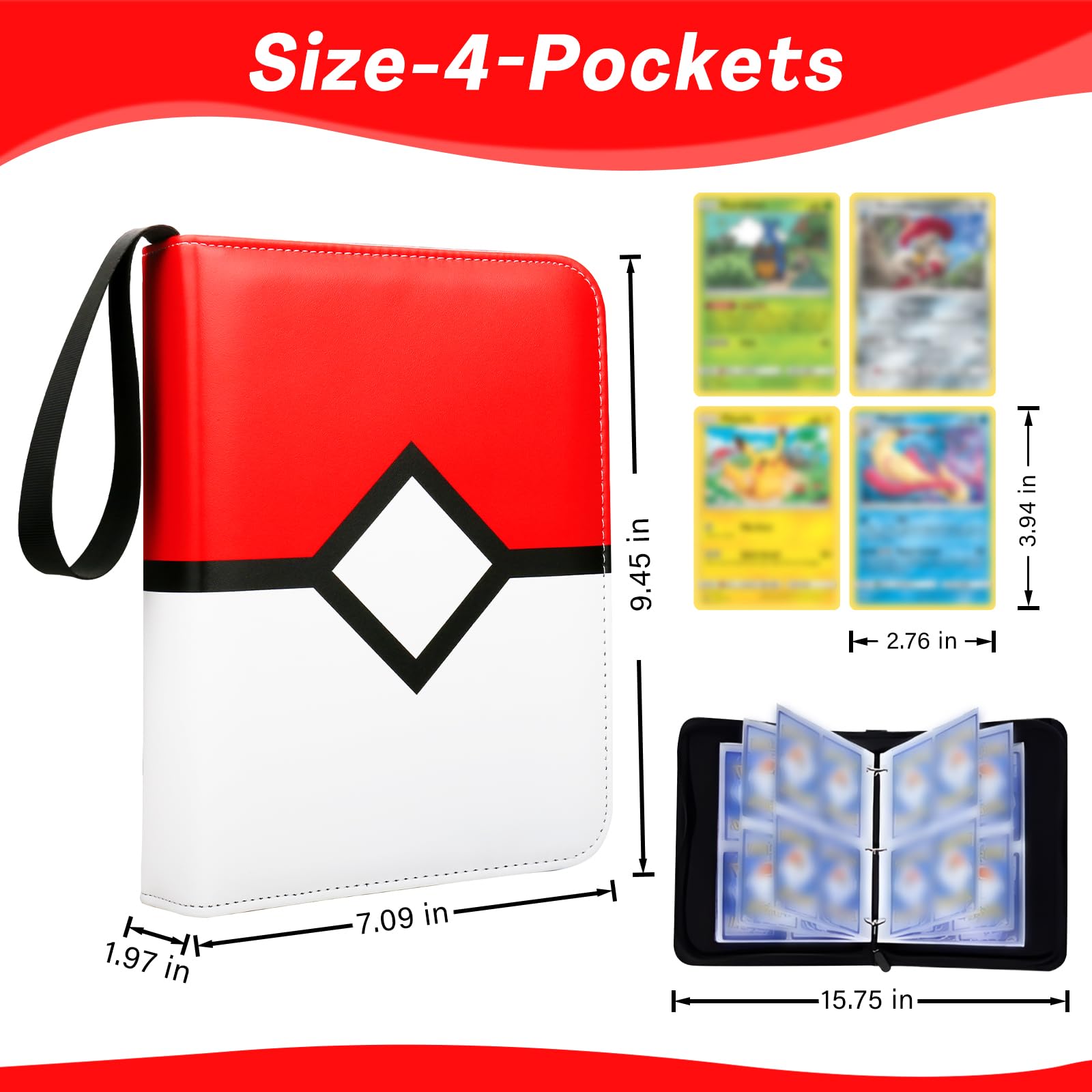 4-Pocket Card Binder Holds 400 Cards - 50 Page Trading Card Album with Zipper | Portable Sports & Game Card Organizer | Perfect for Collectors, TCG Players & Gift Giving (Red)