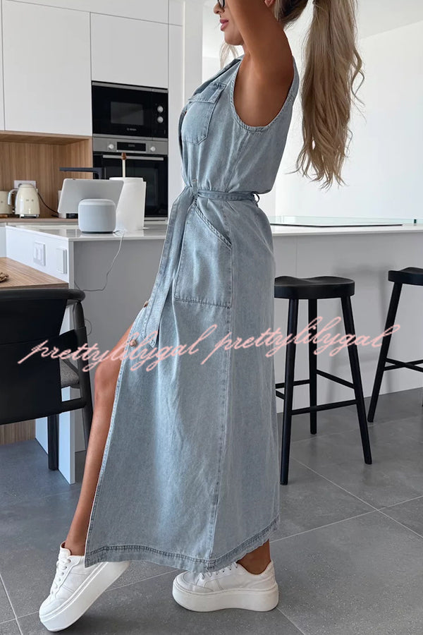 Solid Color Sleeveless Denim Midi Dress with Waist Tie & Pockets - Casual Summer Dress for Women, Perfect for Beach Outings, Picnics, and Weekend Brunch