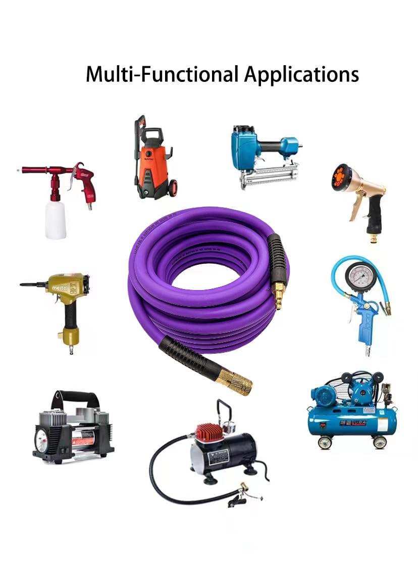 **3/8-Inch x 25FT Hybrid PVC Air Hose – Heavy Duty 300 PSI Air Compressor Hose, Kink Resistant & All-Weather Flexible with 1/4-Inch Industrial Fittings & Bend Restrictors (Purple) – Ideal for Construction, Automotive, and DIY Projects**