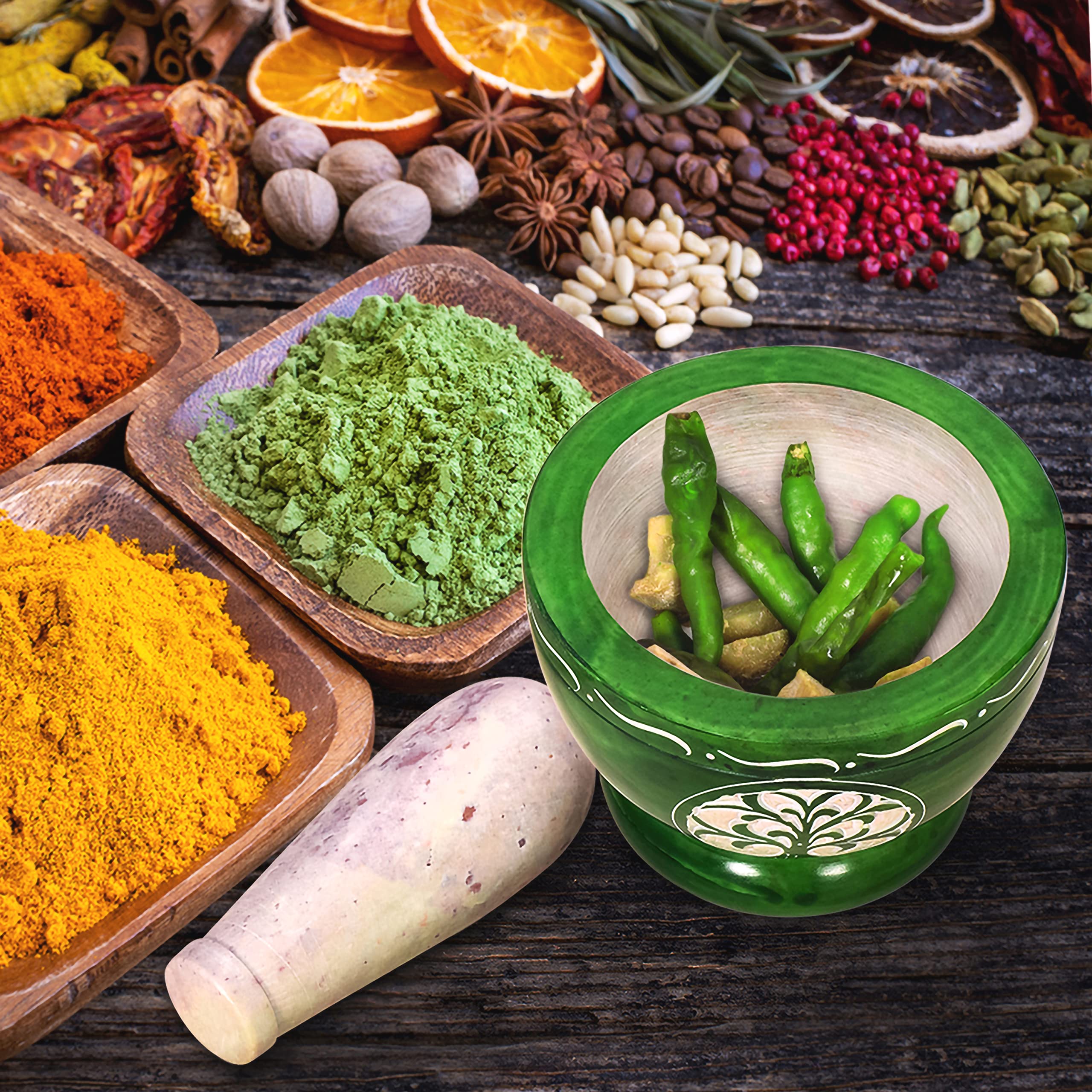 Premium Mortar and Pestle Set - Heavy Duty Polished Natural Stone Spice Grinder for Herbs, Seasonings, Pastes & More (Green Tree of Life Design) - Perfect for Kitchen, Cooking, Ayurveda & Herbal Medicine Preparation