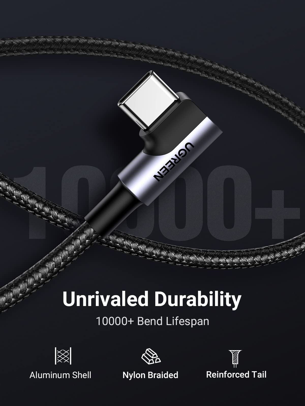 UGREEN 90 Degree Right Angle USB C Cable 10ft - Fast Charging USB to USB C Cord with Nylon Braiding - Compatible with iPhone 16/15 Pro, Galaxy S25/S24 Ultra, PS5 Controller, LG Velvet - Perfect for Gaming, Travel & Home Charging