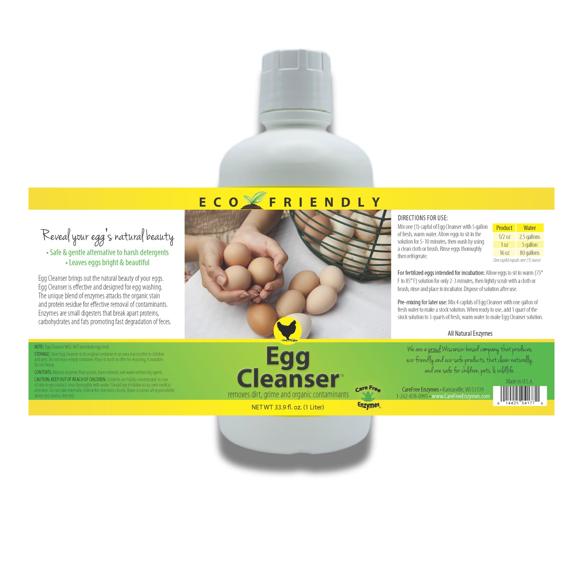 CareFree Enzymes 94177 Egg Washing Cleanser - 1 Liter (33.9 Fl Oz) | Natural & Safe Egg Cleaner for Farm, Home & Commercial Use | Removes Stains & Bacteria