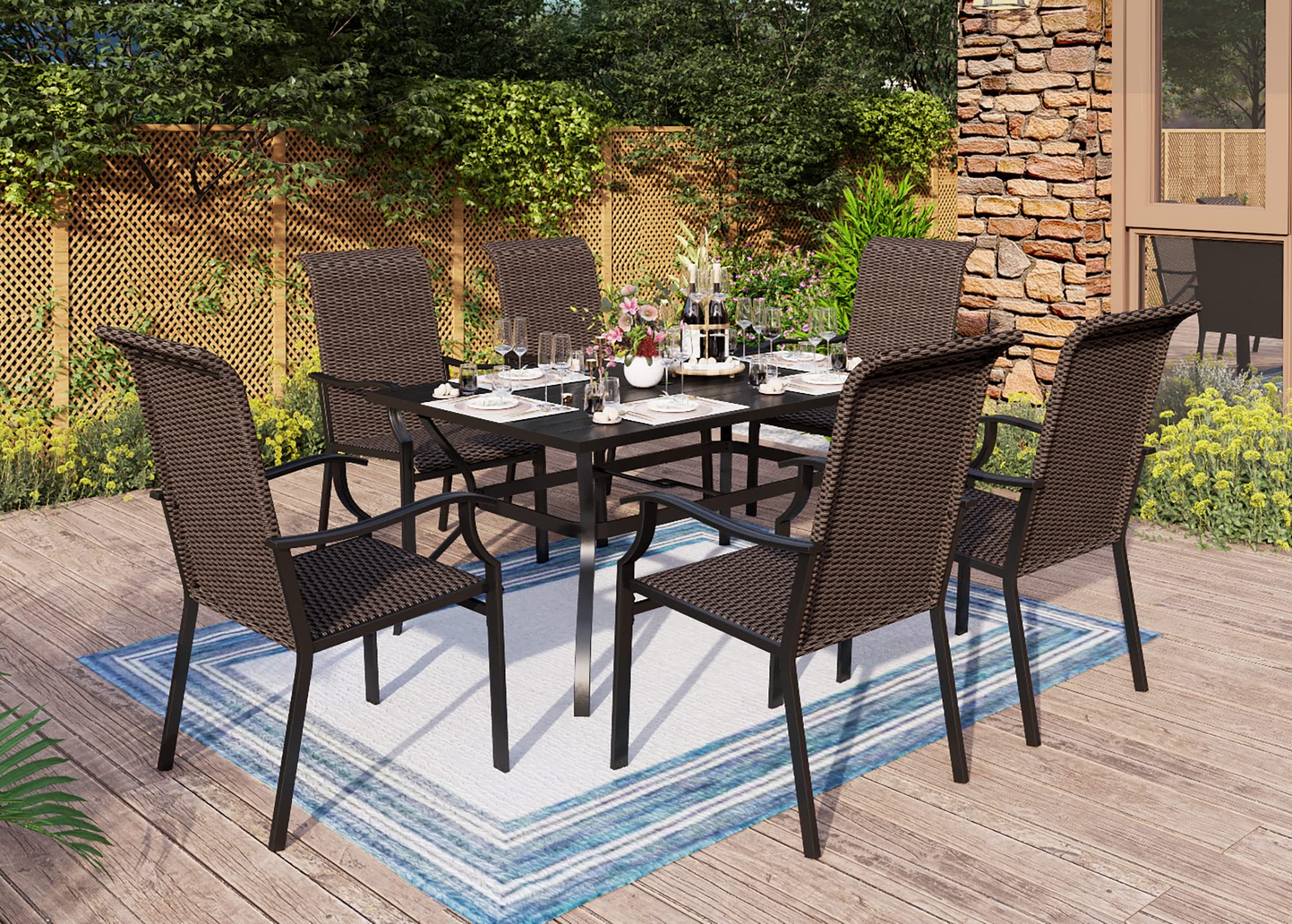 MFSTUDIO 7-Piece Outdoor Patio Dining Set - Black Metal Rectangular Table & Rattan Wicker High Back Chairs for 6 - Durable Weather-Resistant Garden Furniture for Backyard, Poolside, and Terrace Dining