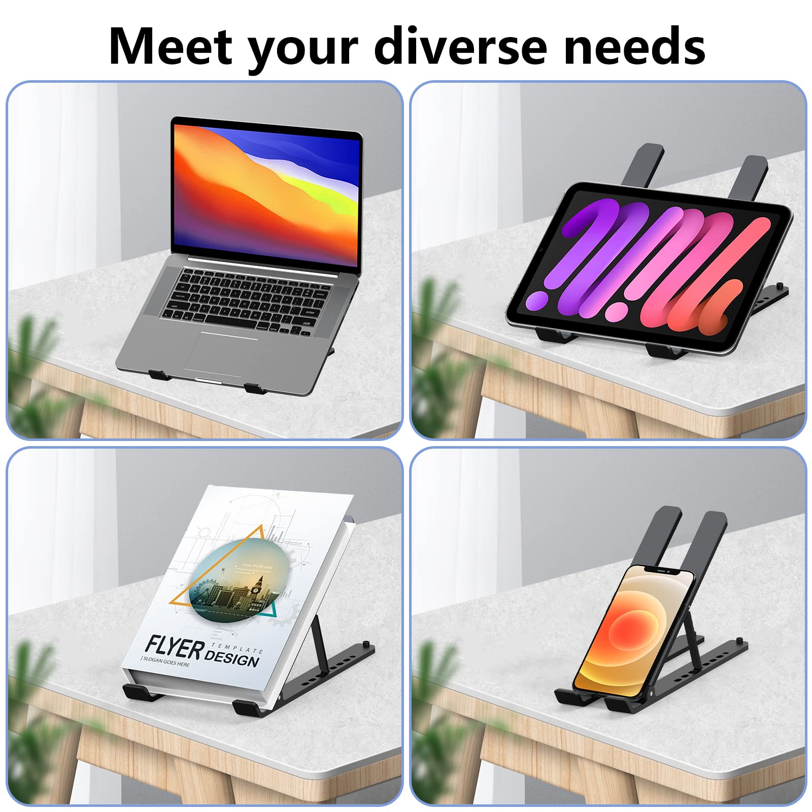 Adjustable Laptop Stand for Desk - Foldable Portable Notebook Riser with Ventilated Cooling, ABS+Silicone Design for 10-15.6” Laptops & Tablets, Perfect for Home Office, Gaming, and Study - Black