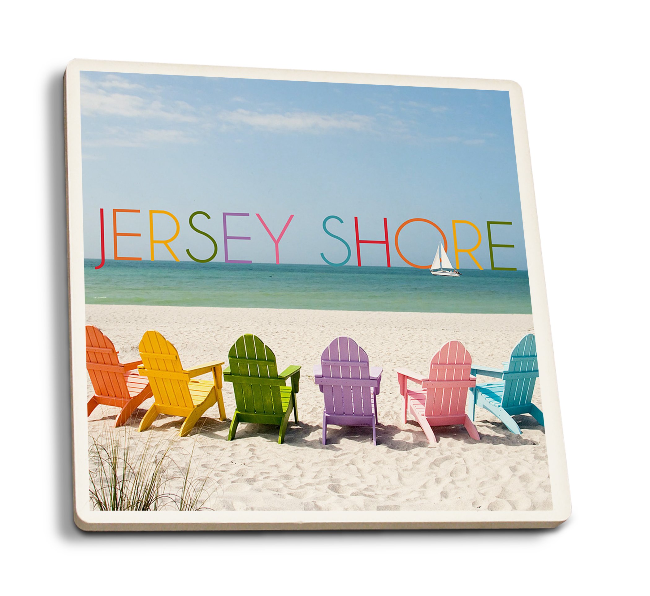 Jersey Shore Colorful Chairs - Absorbent Ceramic Coasters Set of 4 with Matching Designs & Cork Backing - Perfect for Kitchen Table Decor, Coffee Bar, and Coastal Home Accents