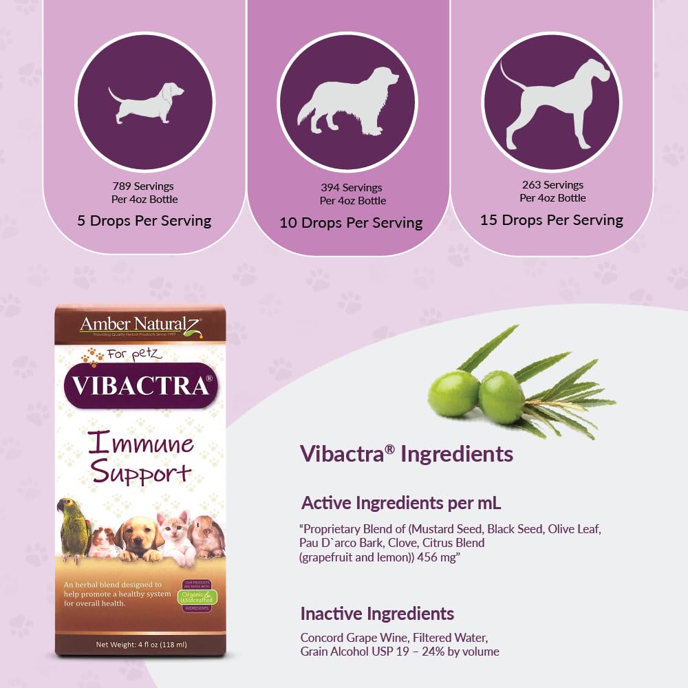 Amber NaturalZ Vibactra Immune Support Herbal Supplement for Dogs, Cats, Birds, Guinea Pigs & Rabbits | Natural Pet Wellness Formula | 4oz USDA-Certified Organic Liquid Drops | Made in USA | Supports Digestion, Energy & Coat Health for Happy Pets at Home