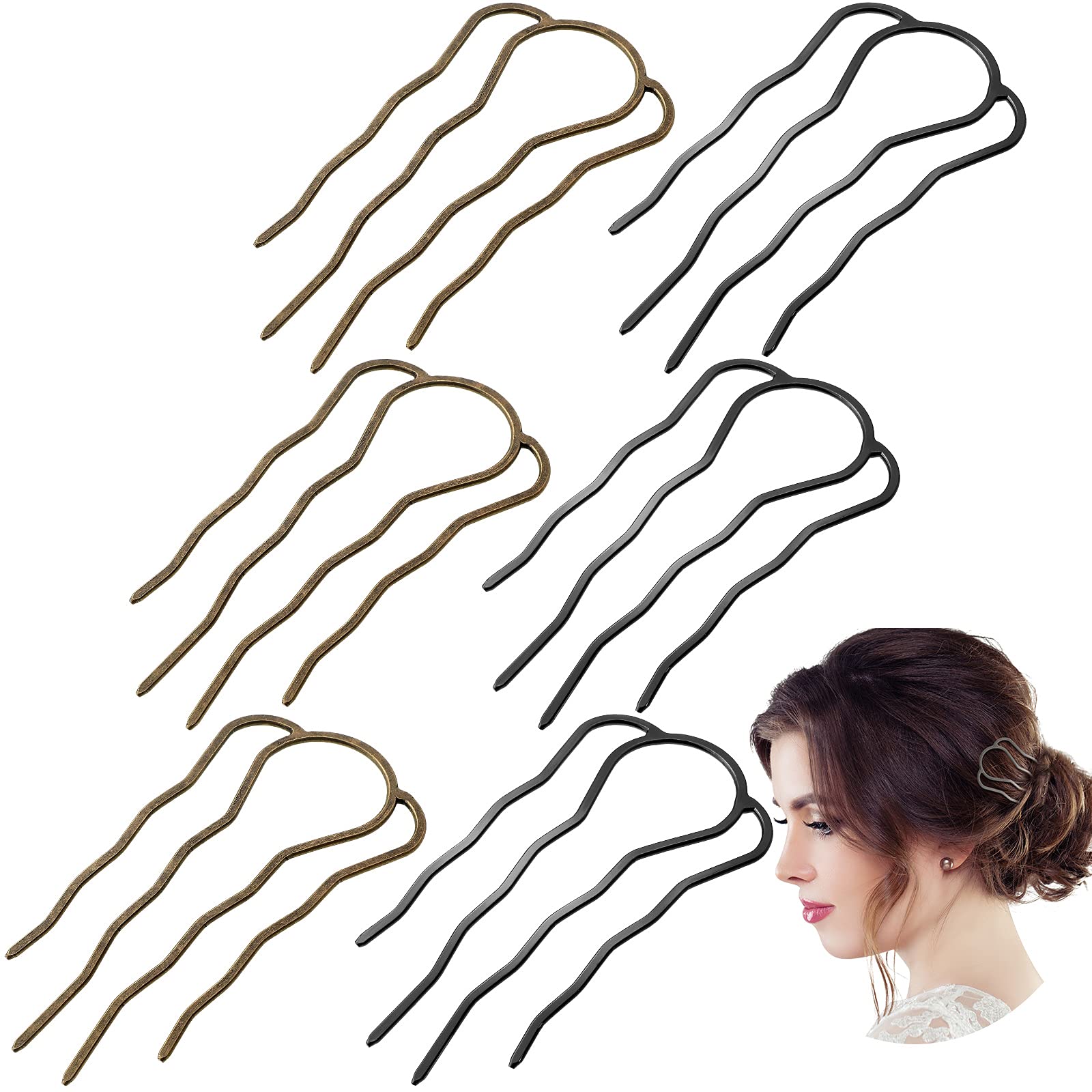 6-Piece Alloy Hair Fork Clip Set - 87mm Side Comb & 4-Prong Updo Bun Hairpins for Women (Black & Bronze) | Perfect for Wedding, Party & Everyday Hairstyling Accessories