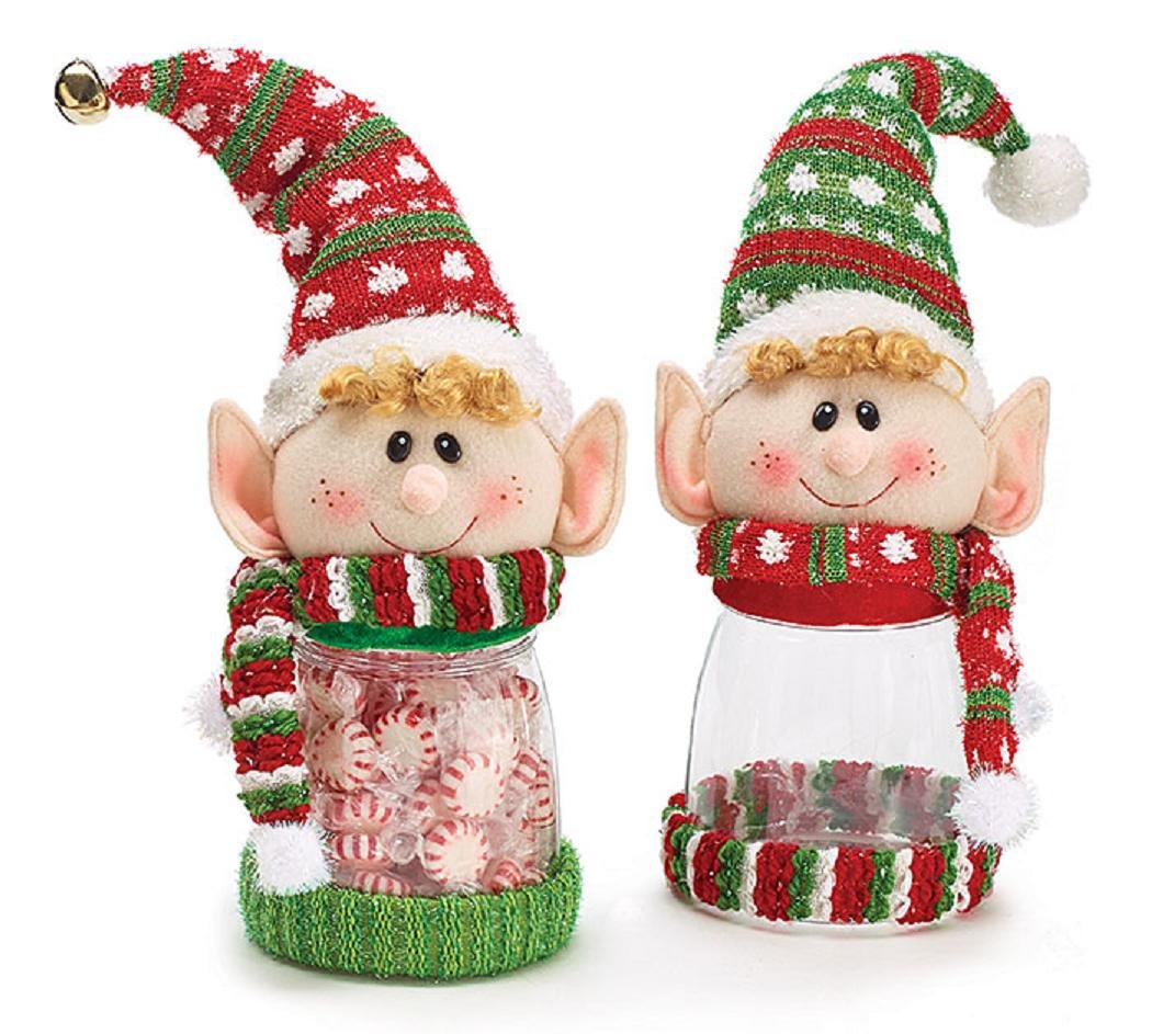 Christmas Elf Candy Jars Set of 2 - Large Decorative Holiday Storage Containers with Bell Hats for Xmas Party, Home Decor & Gift Giving