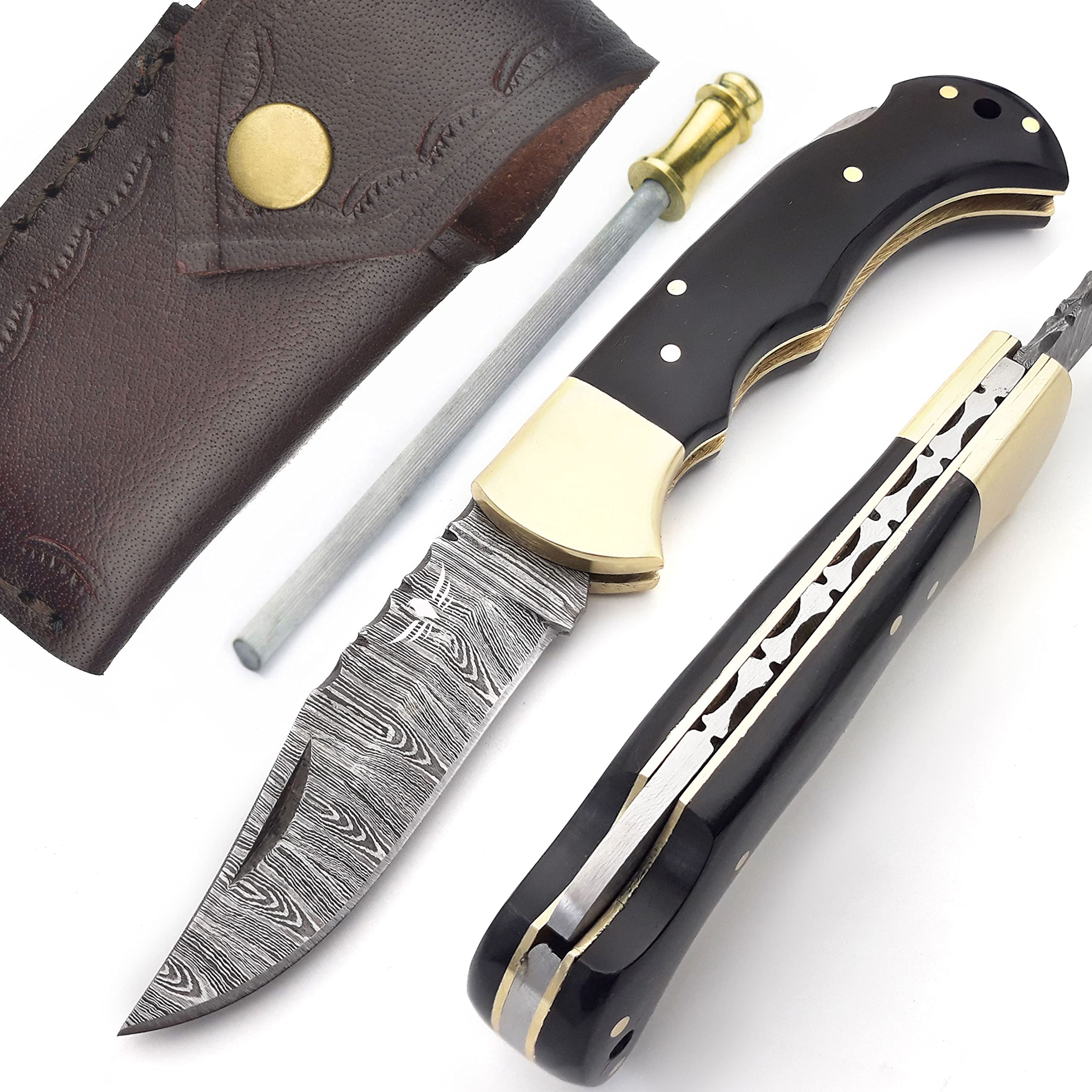 Premium Damascus Pocket Knife for Men - 133 Layer High Carbon Steel Handcrafted Folding Hunting Knife with Sharpener & Leather Sheath - Perfect Outdoor Survival Tool for Camping, Hunting, Hiking - Ideal Father's Day Gift for Husband, Dad (Buffalo Horn Handle) - Great for Bushcraft, Fishing, and Everyday Carry (EDC)
