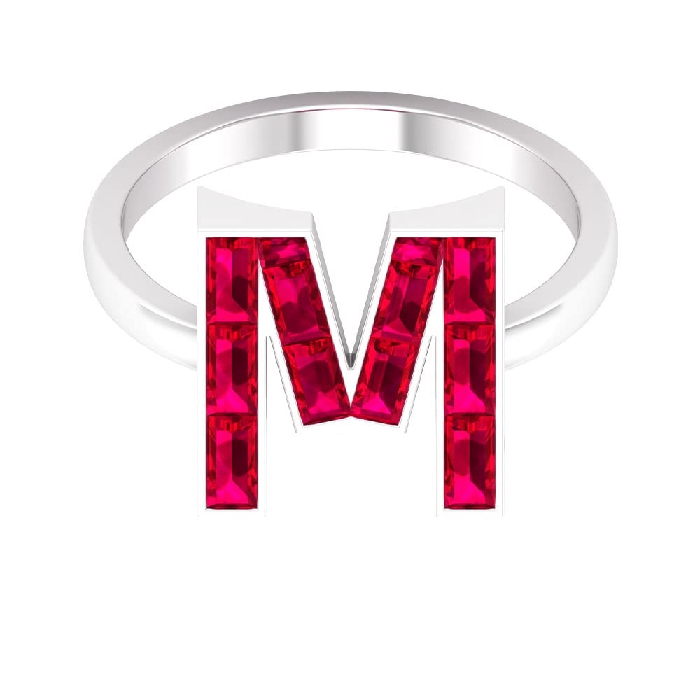 A-Z Alphabet Initial Rings - 14K White Gold Lab Created Ruby Baguette Channel Set Letter Rings for Women - Perfect for Birthdays, Anniversaries, and Personalized Gifts