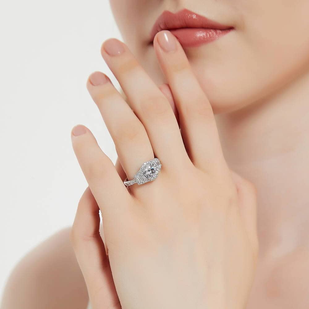BERRICLE Sterling Silver 3-Stone Wedding & Engagement Ring - 1.6ct Round Cut Cubic Zirconia CZ Halo Ring for Women - Rhodium Plated Size 4-10 - Perfect for Proposals, Anniversaries & Special Occasions