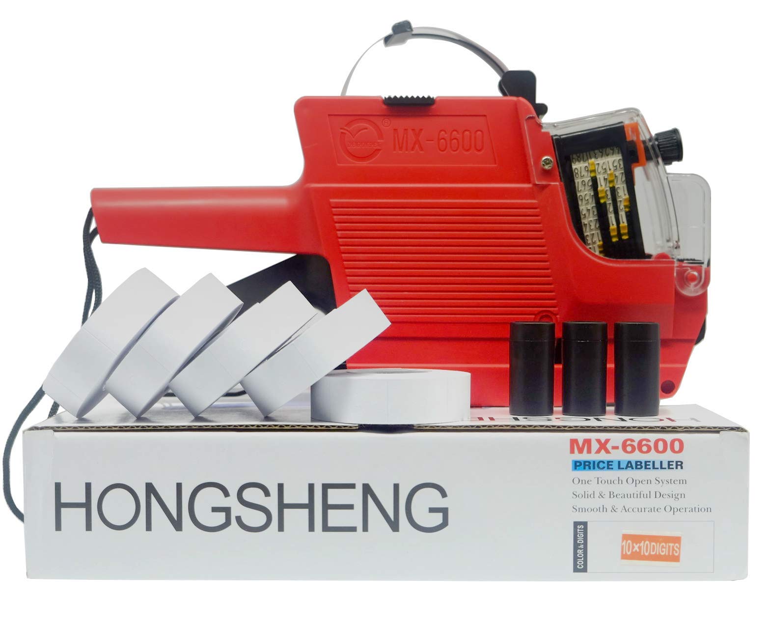 HC Kenshin MX6600 2-Line 20-Bit Price Label Gun - Sticker Maker Machine with 5 Label Rolls & 3 Red Ink Cartridges - Perfect for Retail, Warehouse, and Supermarket Pricing