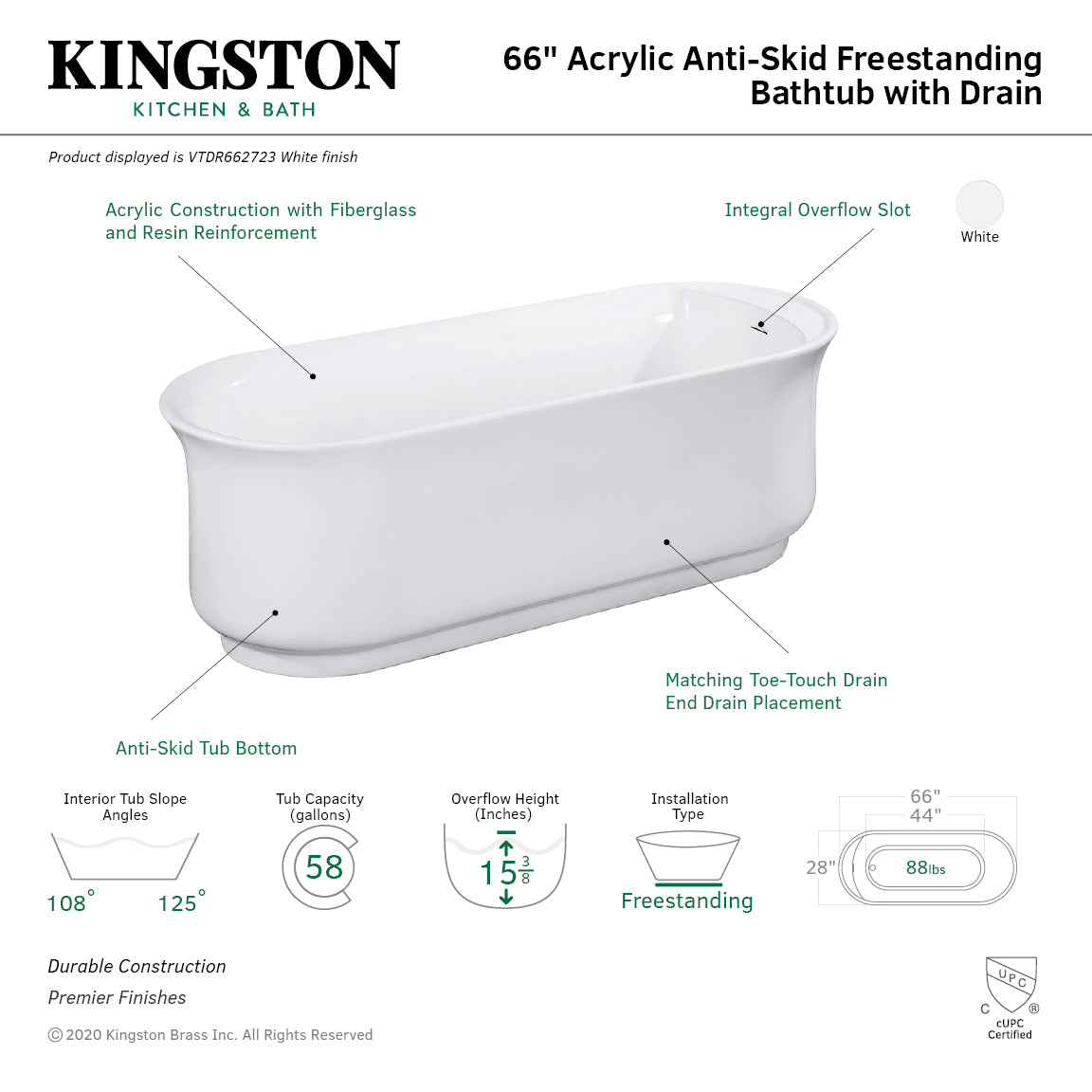 Aqua Eden 66 Inch Acrylic Oval Freestanding Bathtub - Glossy White, Anti-Skid Surface with Drain - Luxury Soaking Tub for Spa-Like Bathroom Experience