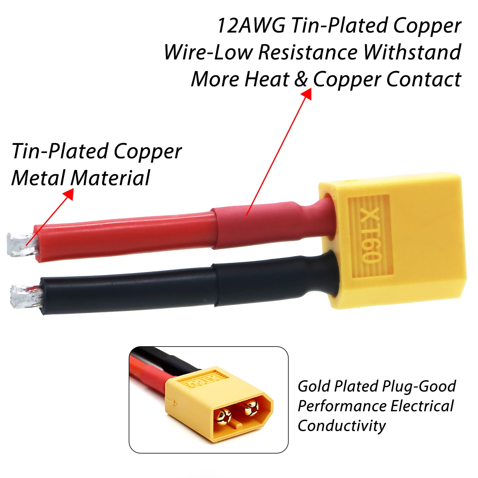 XT60 Connector Plug Cable - 10PCS (5 Female & 5 Male) with 12AWG Silicon Wire for RC Lipo Battery, Drone, Car, Boat - High Current Power Connectors for DIY Electronics, Solar Projects, and RC Hobby Applications