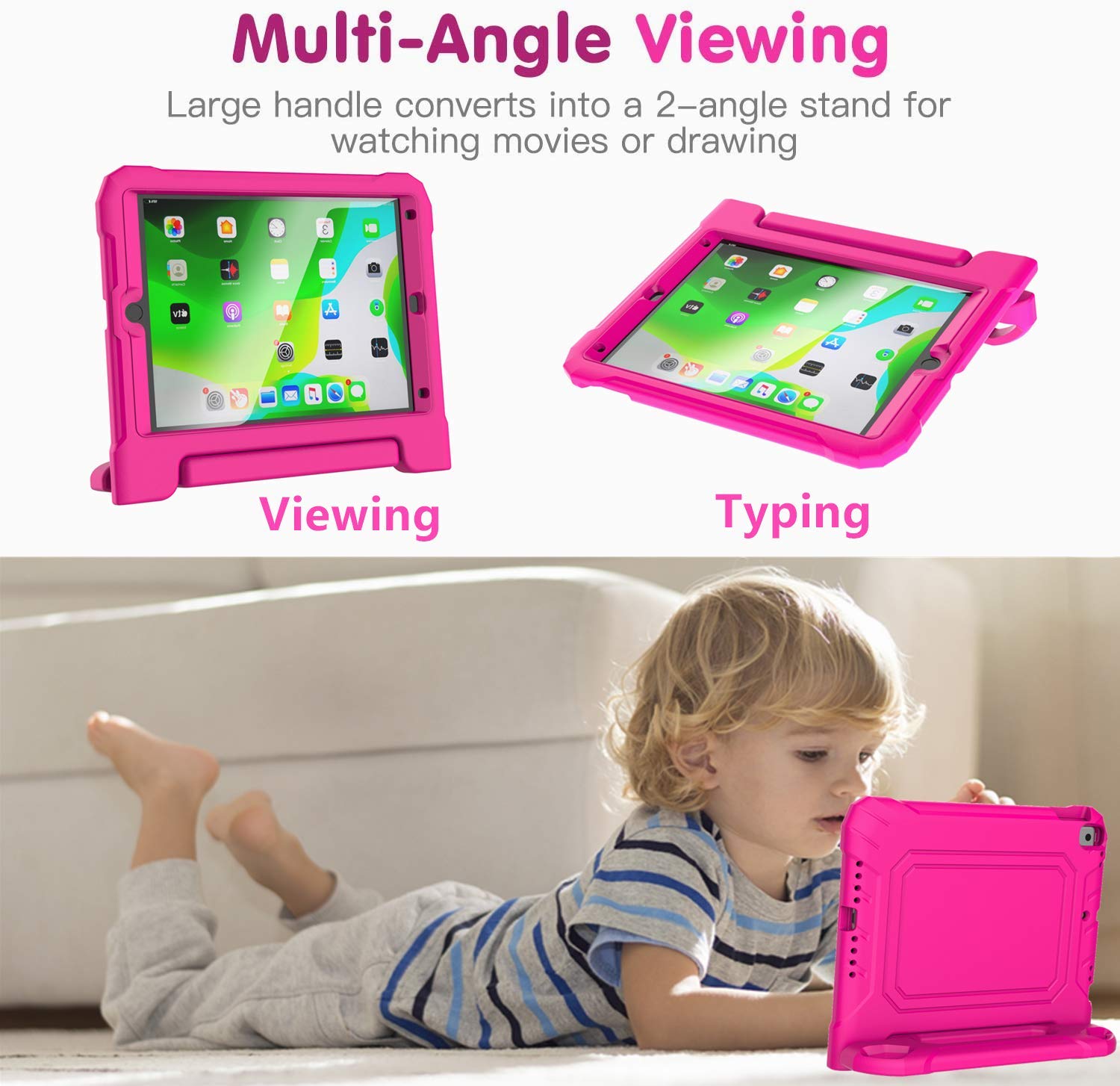 Shockproof Kids iPad 10.2 Case for 9th/8th/7th Generation (2021/2020/2019 Models) - Lightweight Protective Cover with Built-in Screen Protector & Handle Stand - Rose Color - Perfect for School, Travel & Home Learning