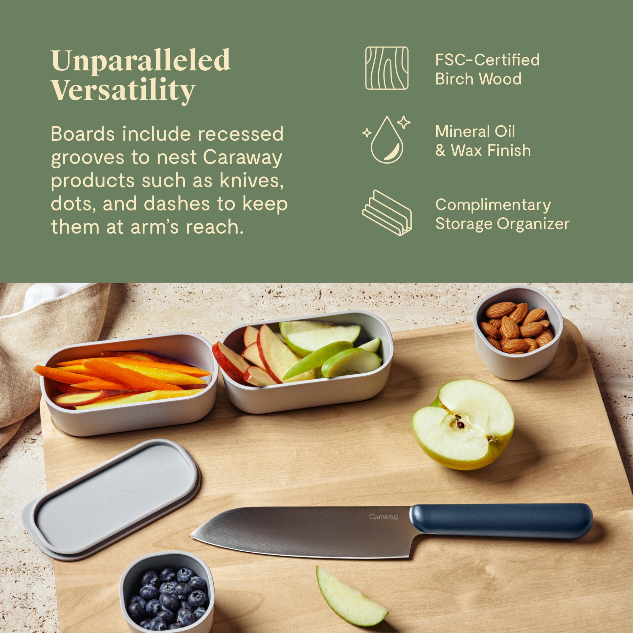 Caraway 4-Piece Reversible Wooden Cutting Board Set - FSC-Certified Birch - Natural Mineral Oil & Beeswax Finish - Small, Medium & Large Sizes with Storage Organizers - Perfect for Meal Prep, Charcuterie Boards & Kitchen Organization