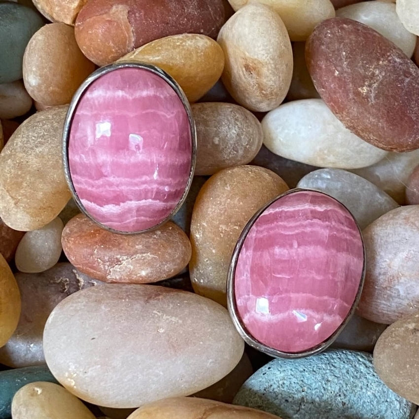 Vintage Sterling Silver Rhodochrosite Clip-On Earrings for Women - Elegant Dangle Earrings for Parties, Weddings & Special Occasions
