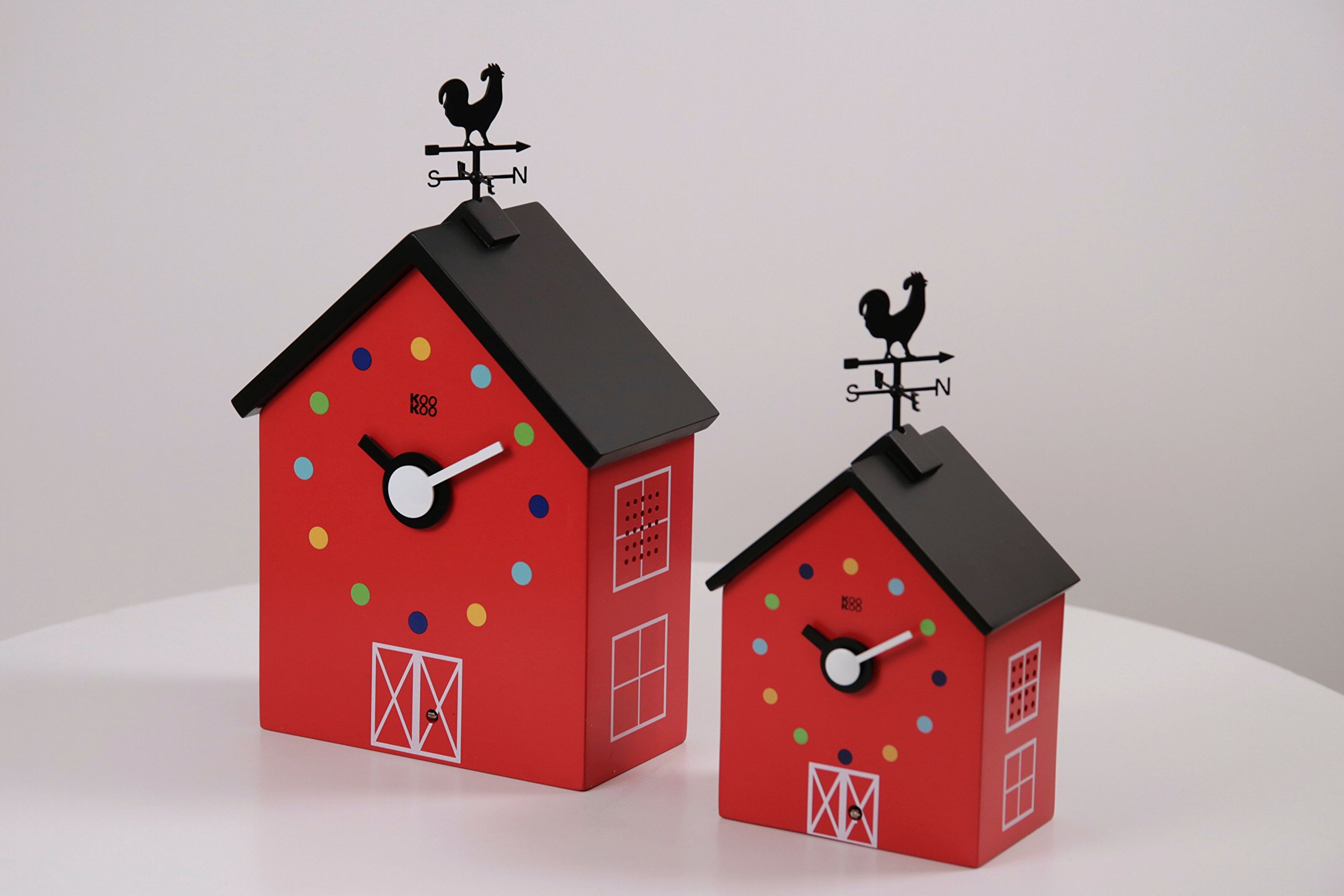 KOOKOO Red Barn Large Farmhouse Wall Clock - 12 Animal Sounds, Rooster & Rotating Weathervane | Rustic Home Decor for Kitchen, Living Room, Nursery