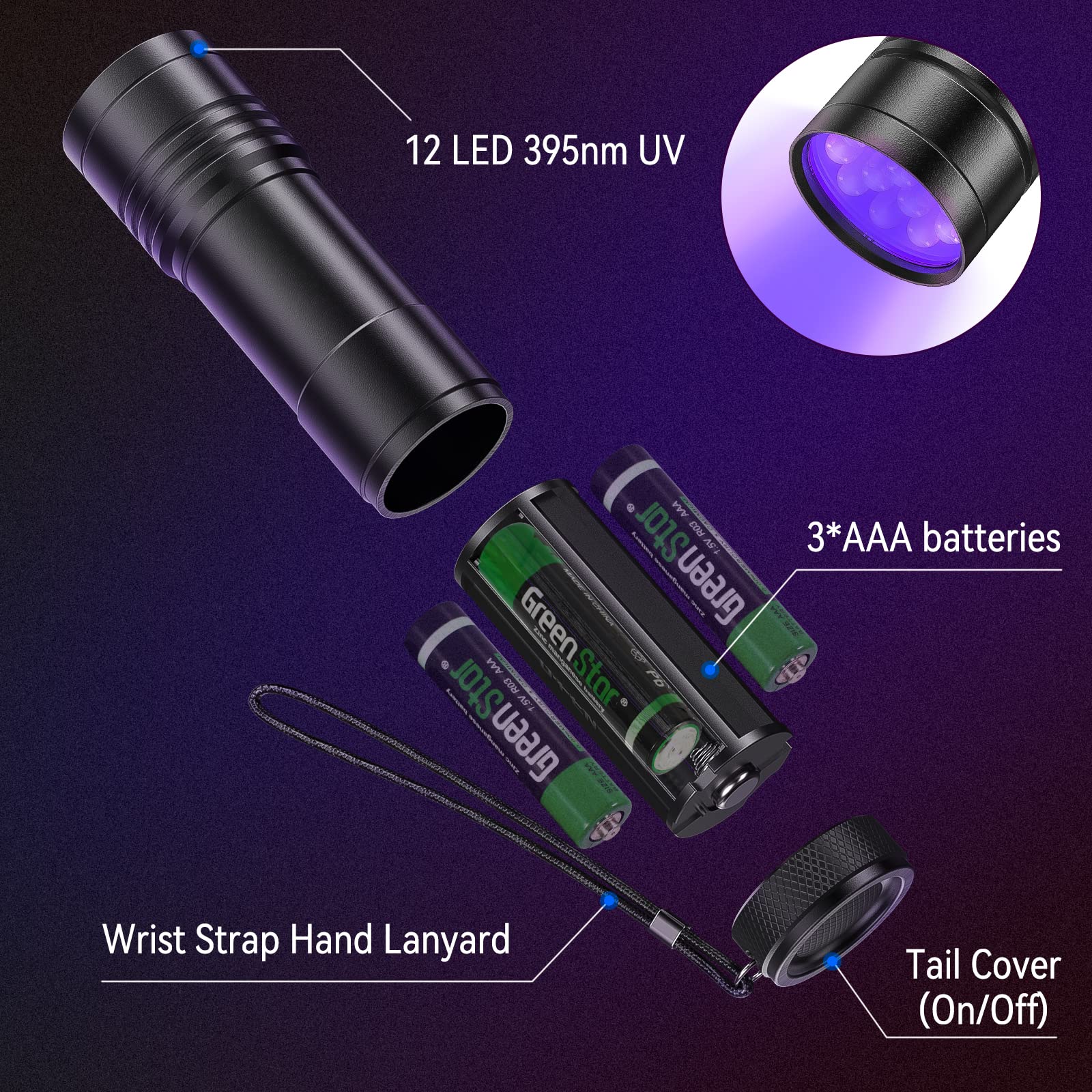 UV Flashlights 2 Pack - 12 LED 395nm Black Light Flashlight for Detecting Pet Urine & House Stains | Includes 6 AAA Batteries | Perfect for Home Inspection, Crime Scene Investigation & Nighttime Hunting