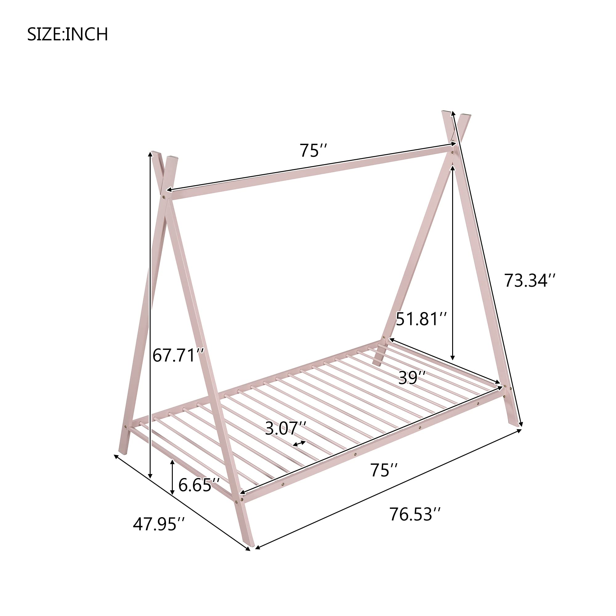 TRIPLE TREE Twin Size Metal House Bed Frame - Low Profile Floor Playhouse with Tent for Kids (Girls & Boys) | Sturdy Metal Slats Support | No Box Spring Needed | Pink Bedroom Furniture | Perfect for Playrooms, Kids' Bedrooms & Sleepover Fun