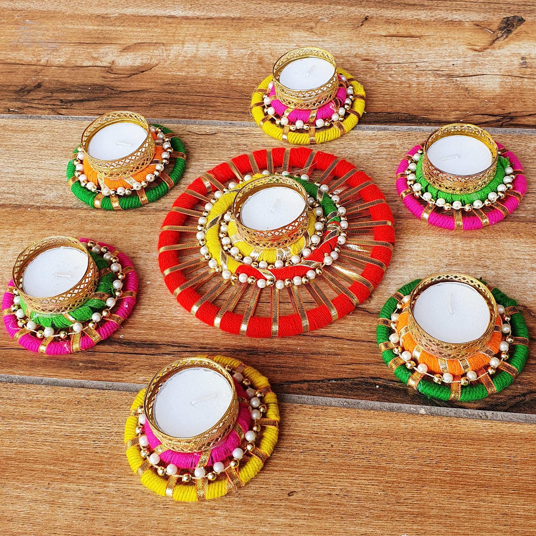 Handmade Tea Light Holders - Set of 7 Rangoli Candle Holders for Diwali, Onam & Pongal Decor | Traditional Indian Festival Diyas & Lights for Home, Wedding & Party Decorations