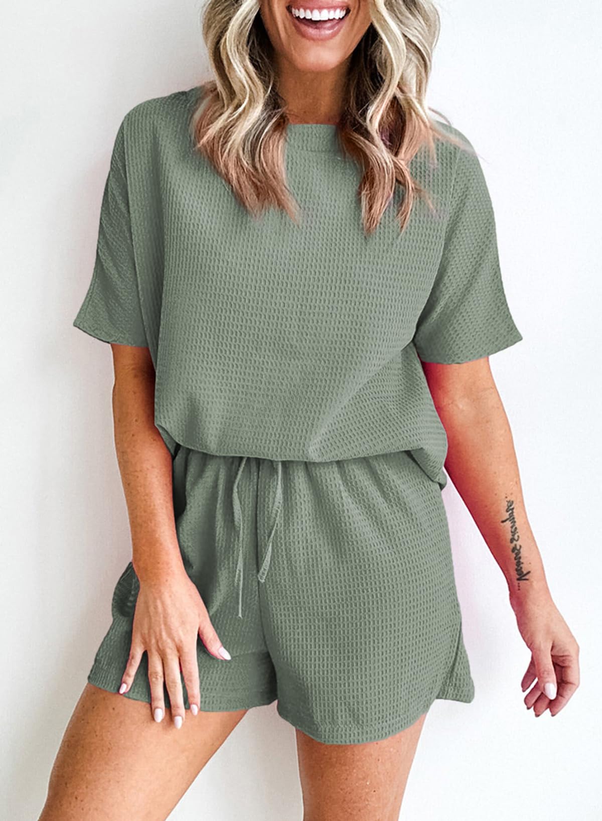 SHEWIN Women's Waffle Knit Pajama Set - 2 Piece Loungewear Outfit with Pockets | Soft & Cozy Sleepwear for Nighttime & Lounge Wear at Home