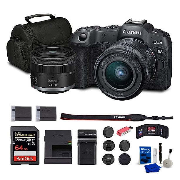 Canon EOS R8 Full Frame Mirrorless Camera with RF 24-50mm f/4.5-6.3 IS STM Lens Kit - Includes 64GB Memory Card, Charger, LPE17 Battery & Accessories - Perfect for Travel Photography, Vlogging & Professional Shooting