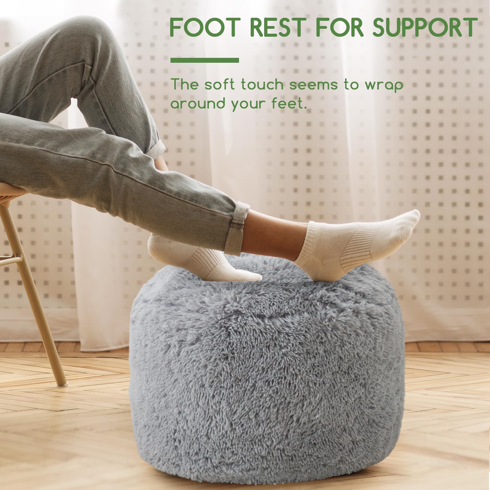 MAXYOYO Round Stuffed Pouf Ottoman - Soft Faux Fur Floor Cushion with Foam Chunk Filling, Grey Home Decor for Living Room, Bedroom & Nursery - Cozy Seating & Footrest for Relaxation