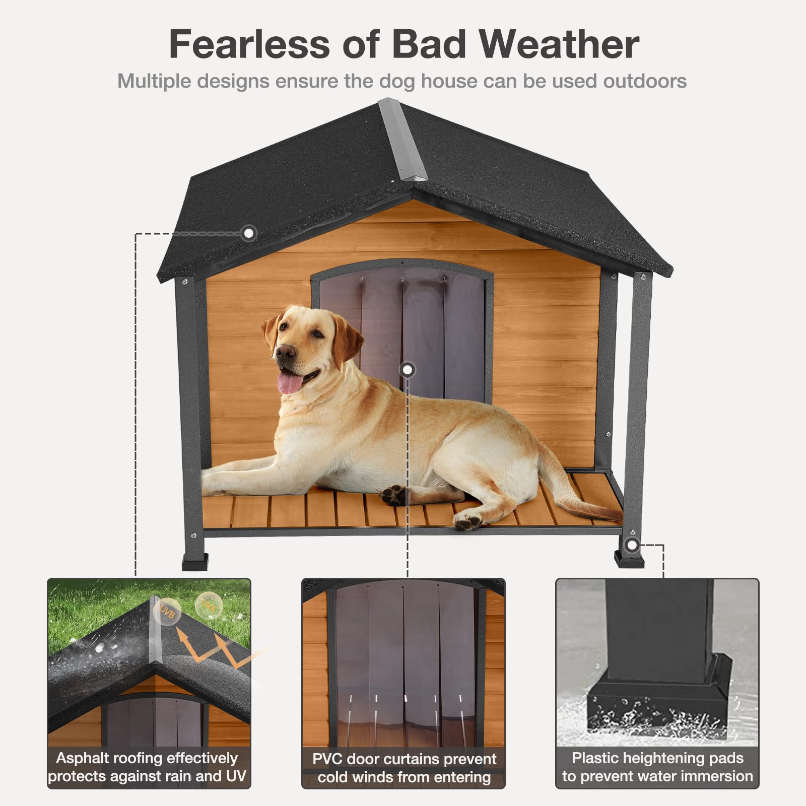 Outdoor Weatherproof Dog House with Insulated Design - Heavy Duty Iron Frame & Fir Wood Construction - Large Size for All Dog Breeds - Perfect for Backyard, Patio, and Garden Use