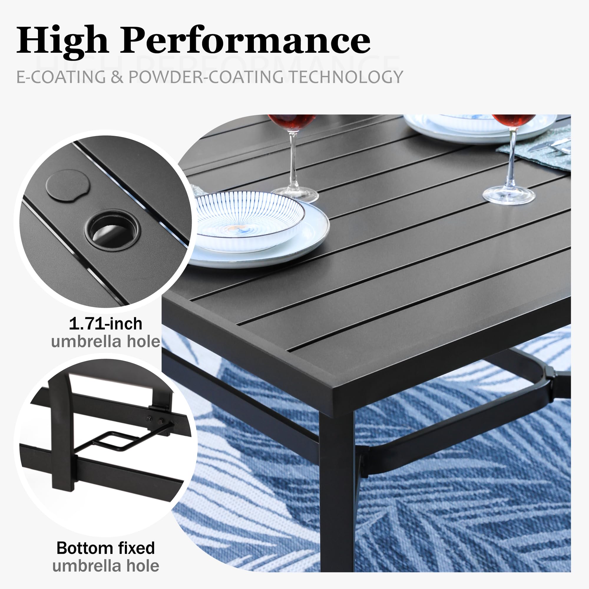HERA'S HOUSE 8-Person Outdoor Dining Table with Umbrella Hole - Black Rectangle Metal Patio Table for Lawn, Garden, Backyard & Restaurant - Perfect for Family Gatherings, BBQ Parties & Outdoor Entertaining