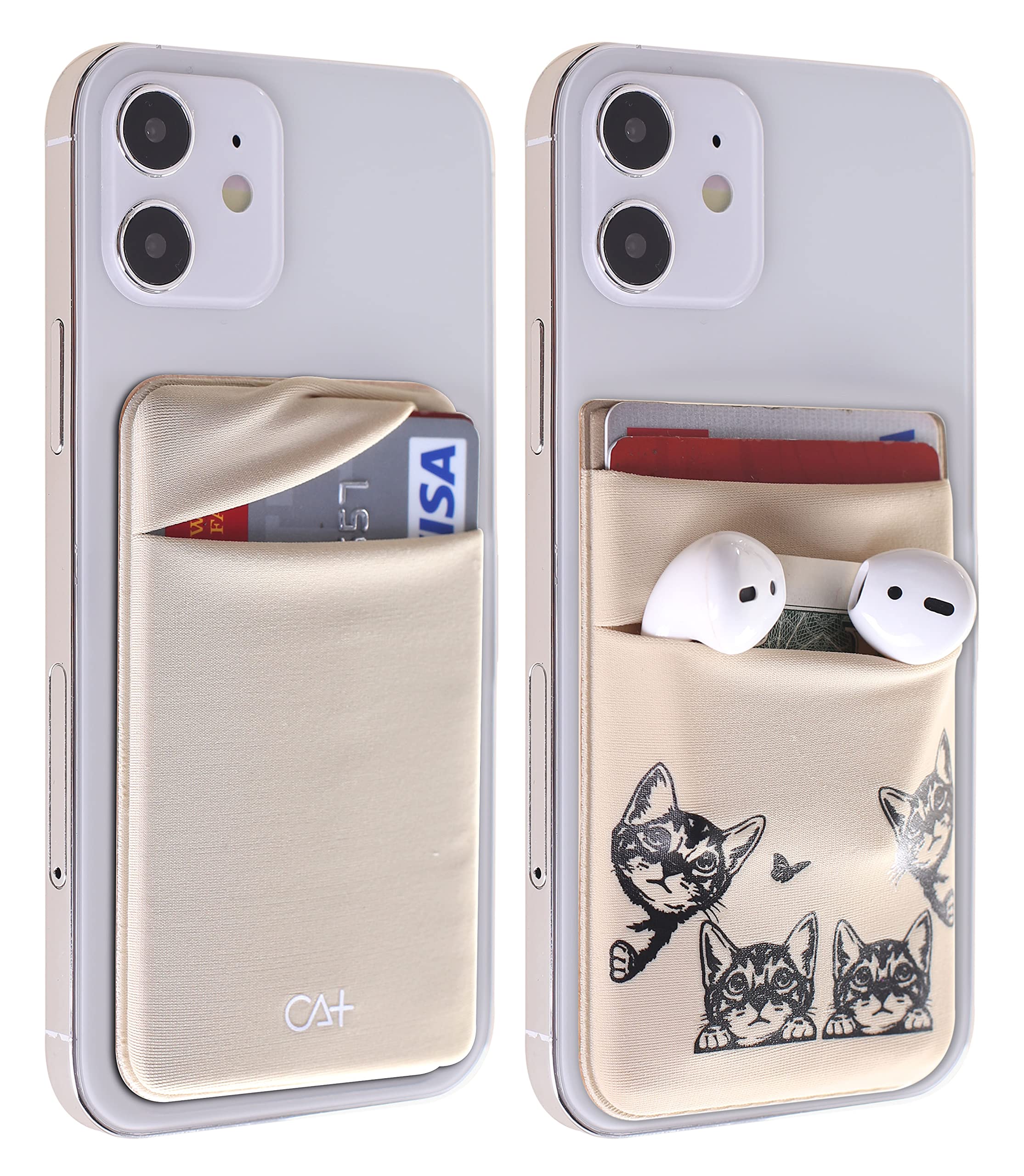 Stick-On Phone Wallet Card Holder - Durable Adhesive Sticker for Credit Cards, ID & Cash | Compatible with Most Smartphone Cases (Gold Cat Design) | Perfect for Hands-Free Shopping, Travel & Everyday Convenience