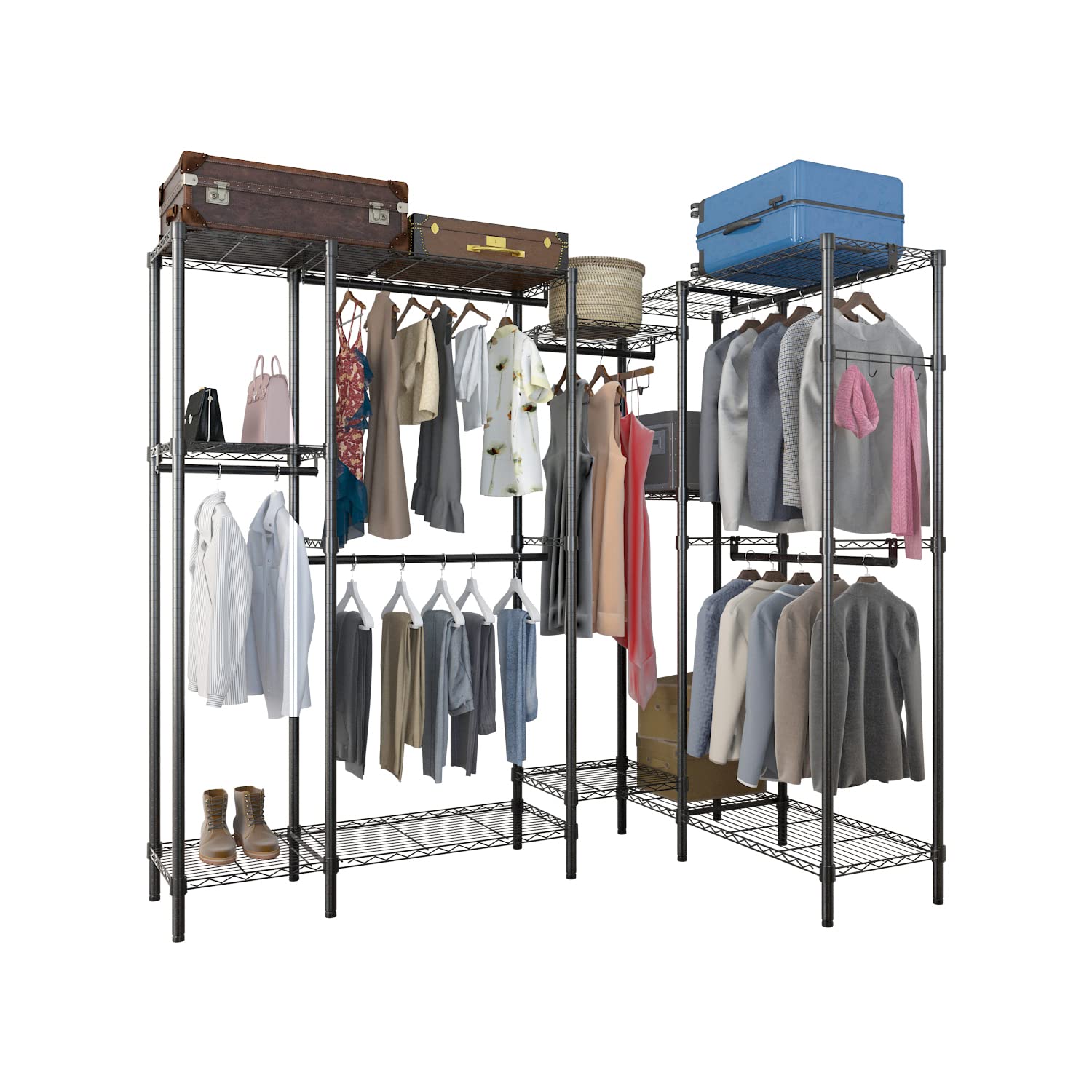 Heavy Duty L-Shaped Metal Garment Rack - Freestanding Wardrobe Closet with 700 lbs Capacity - Multi-Functional Clothes Hanging Organizer for Bedroom, Closet & Laundry Room (Black, 76.7