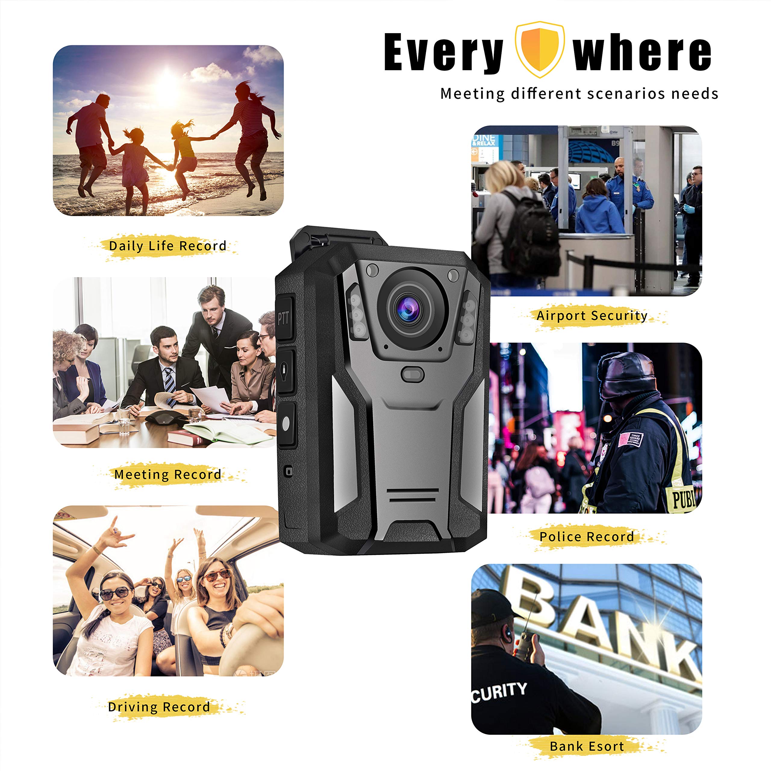 JWKG P100 2K Police Body Camera - 64GB Body Cam with 12H Continuous Recording, USB-C, Infrared Night Vision, Waterproof & Shockproof for Law Enforcement - Ideal for Police Patrols, Security Guards, and Evidence Collection