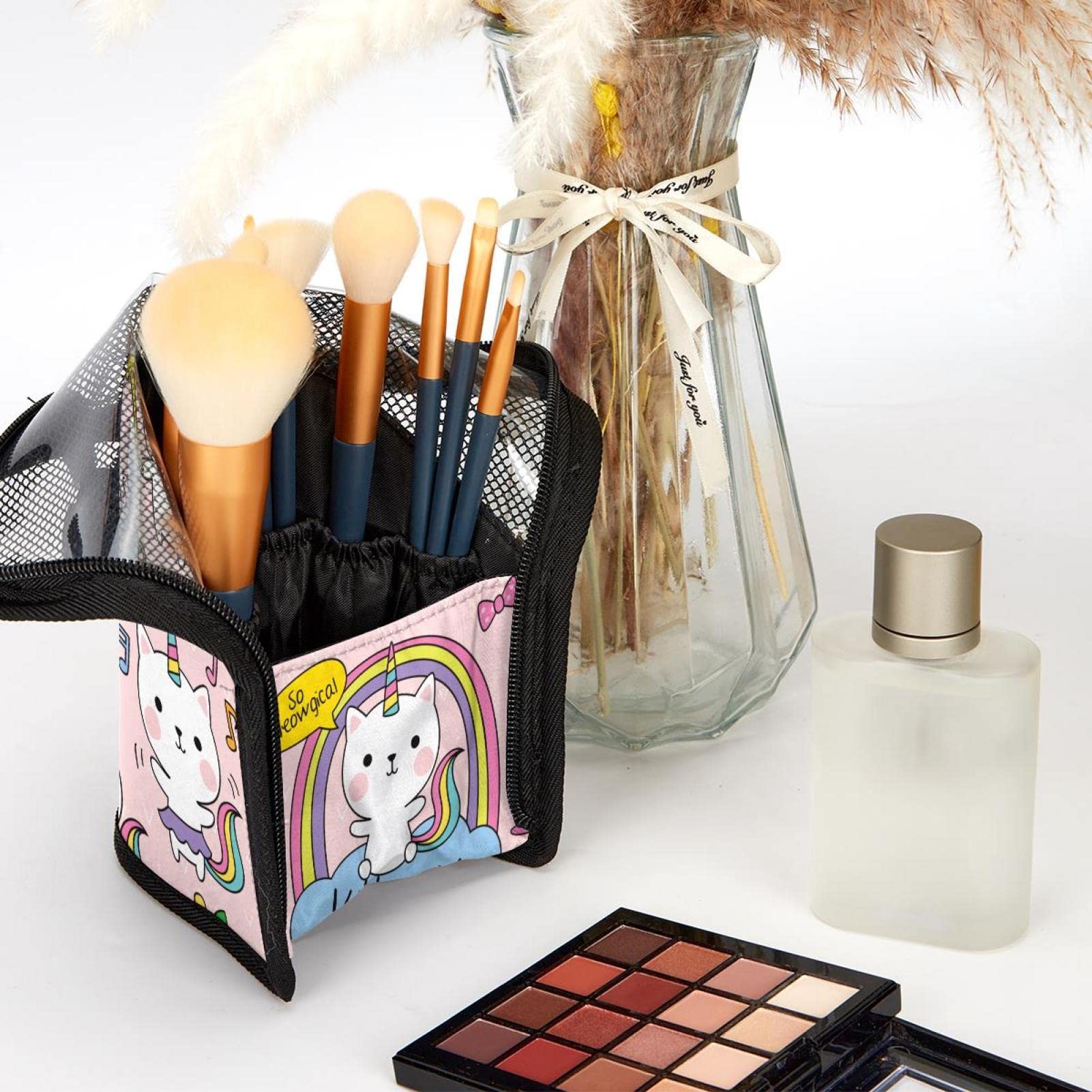 Portable Pink Cartoon Unicorn Cat Makeup Brush Organizer Bag with 12 Brush Holder - Travel Cosmetic Brush Case for Professional Makeup Artists & Beginners - Perfect for Home, Travel, and Salon Use