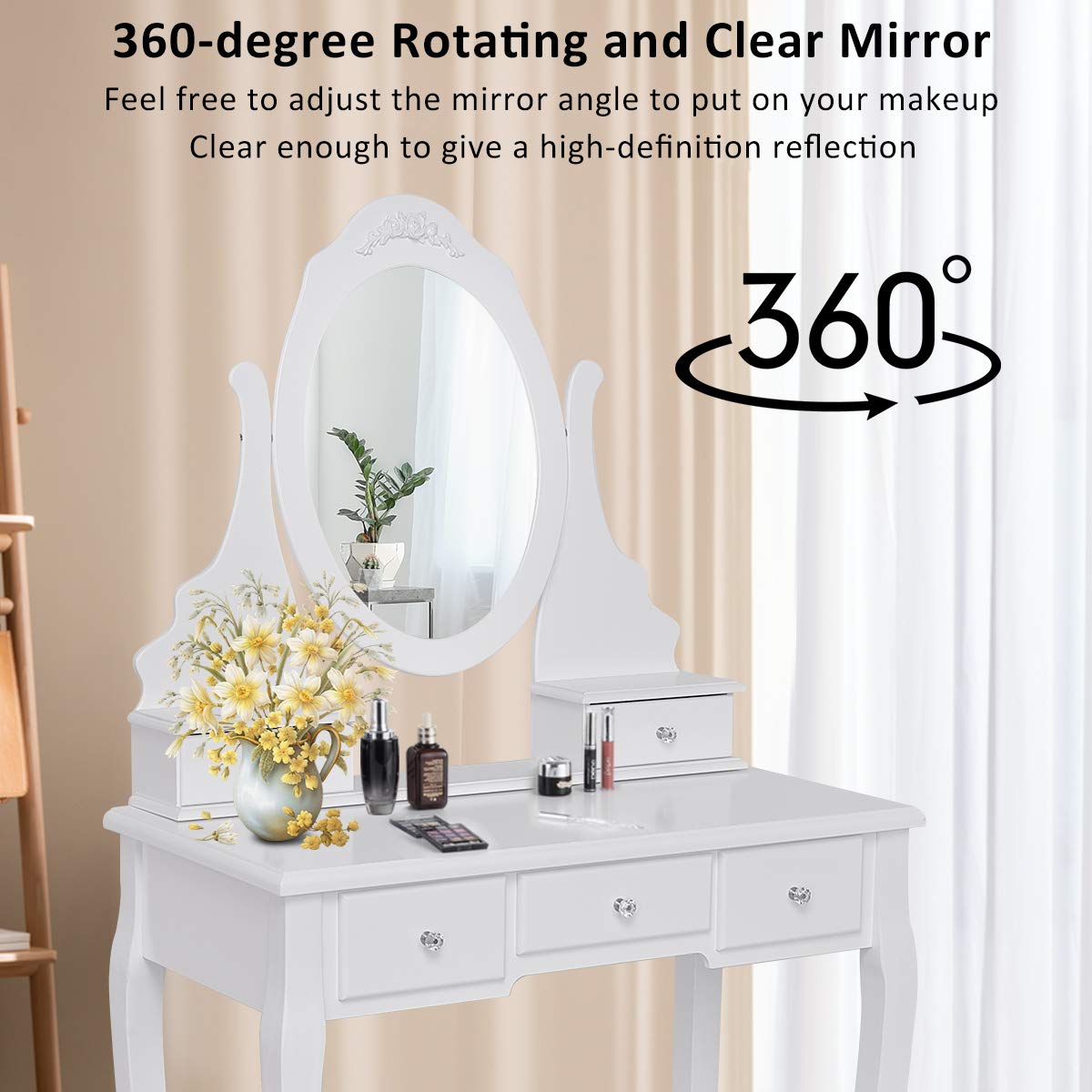 Giantex White Vanity Set with Oval Mirror & Cushioned Stool - 5-Drawer Makeup Dressing Table with Large Storage, Mirrored Bedroom Vanity for Women, Girls & Kids - Easy Assembly for Home, Bedroom & Beauty Room Decor