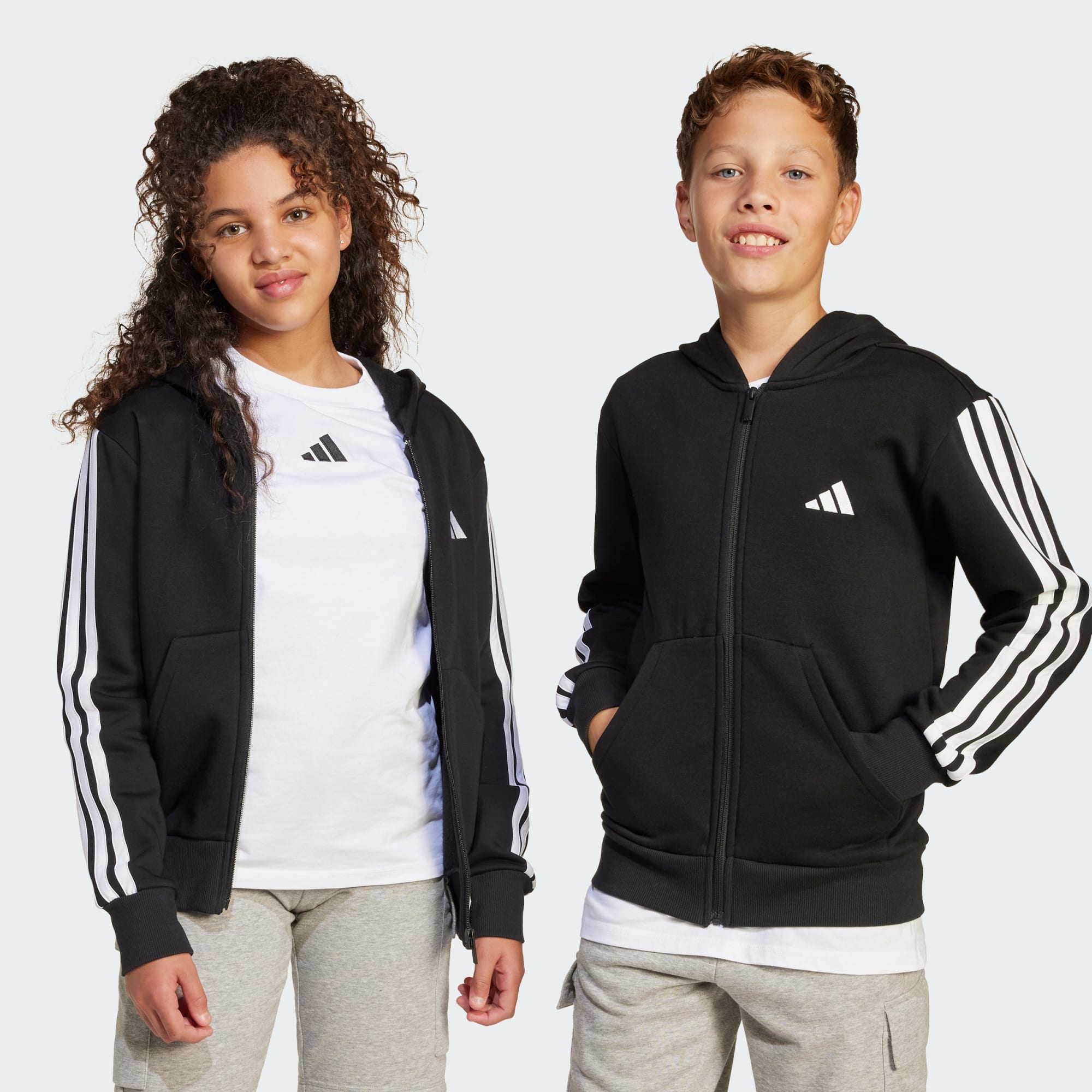 Adidas Kids' 3-Stripe Full Zip Fleece Jacket - Black | Warm & Cozy Outerwear for Boys & Girls | Perfect for School, Play & Outdoor Activities