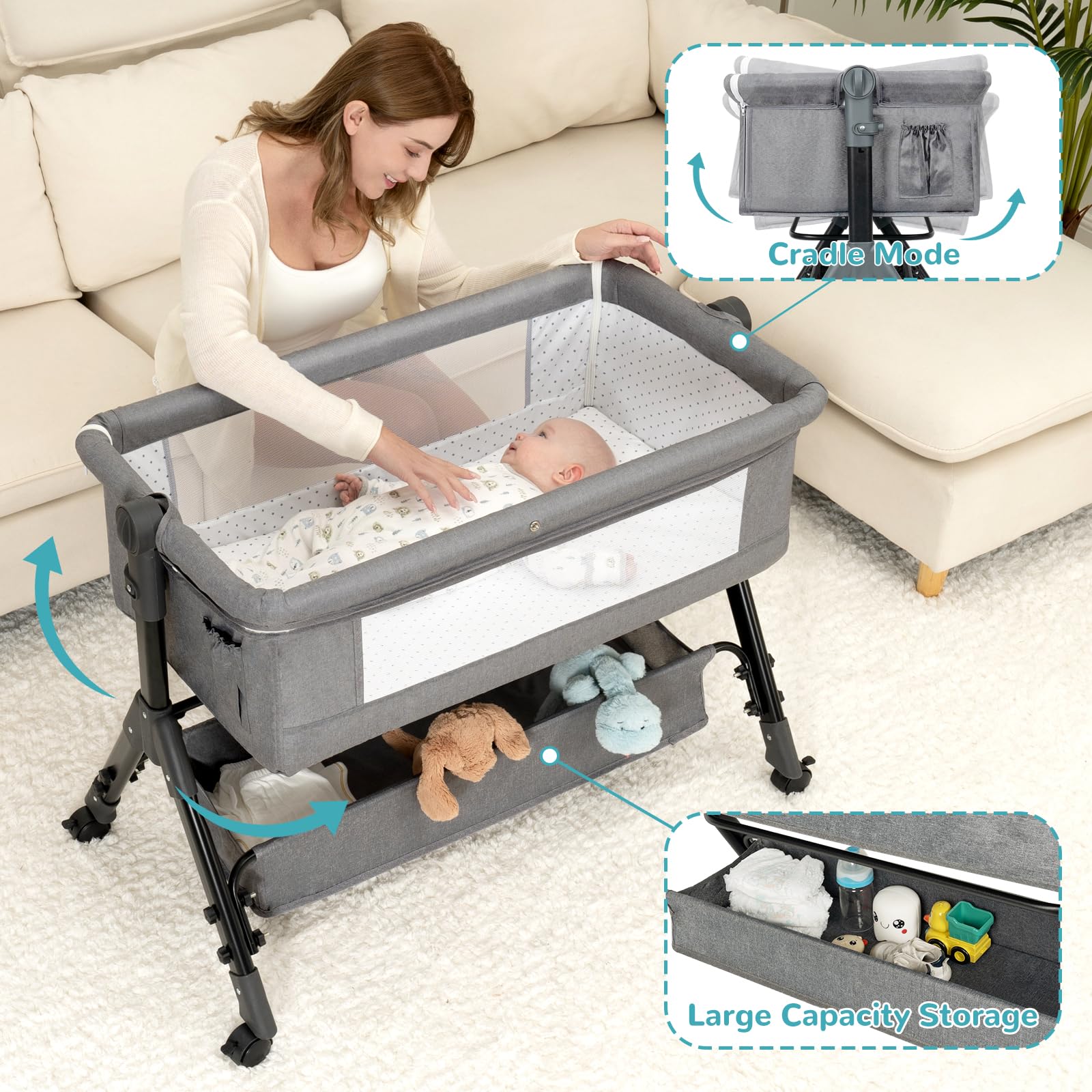 3 in 1 Adjustable Baby Bassinet Bedside Sleeper with Wheels, Storage Basket & Mattress - Portable Folding Crib for Newborns - Easy Assembly Nursery Essential for Co-Sleeping & Travel (Grey)