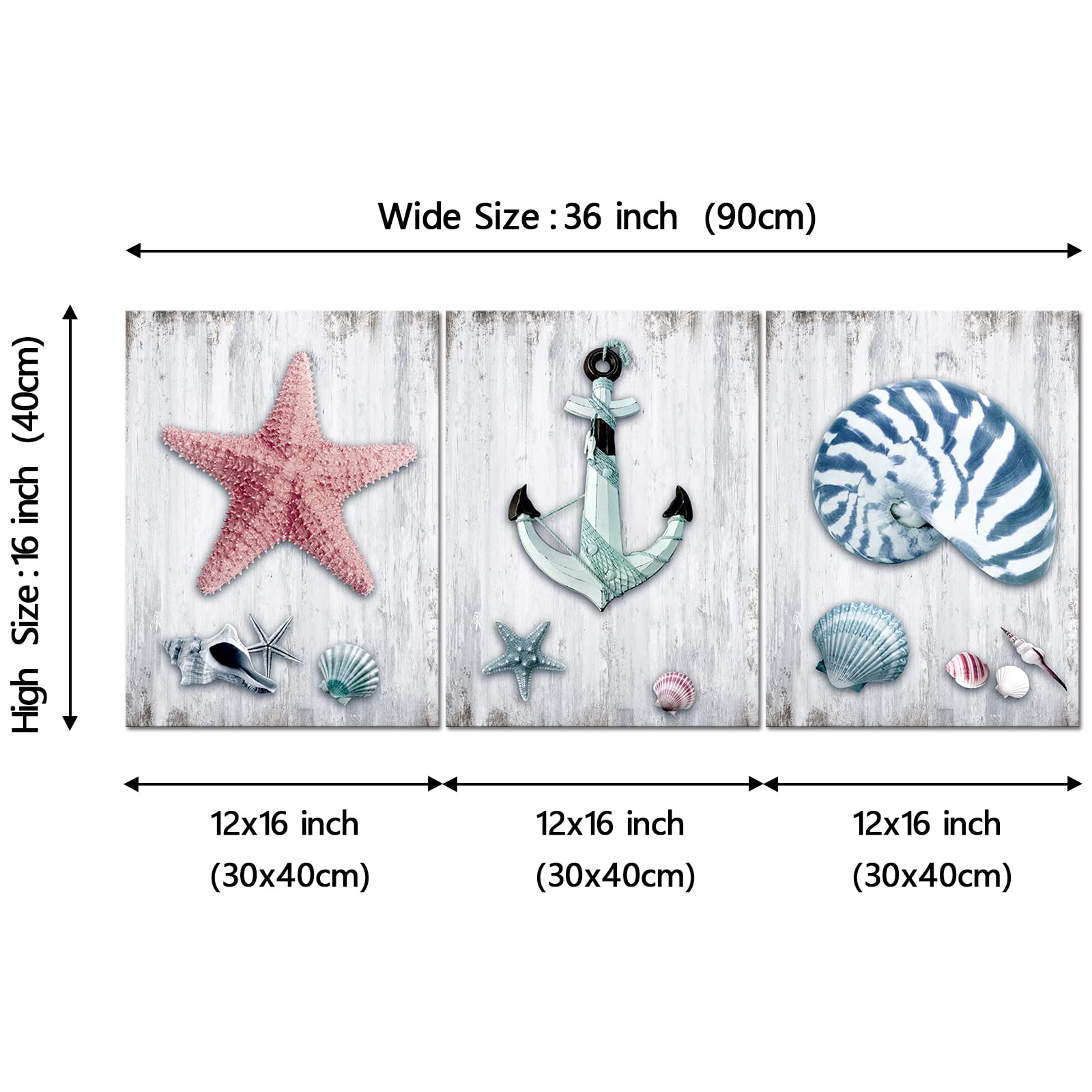 YeiLnm Nautical Seashell Canvas Wall Art - Starfish, Anchor & Conch Beach Theme Painting for Bathroom & Bedroom Decor | Coastal Home Decor, Beach House Wall Art, Ocean Themed Living Room Decor