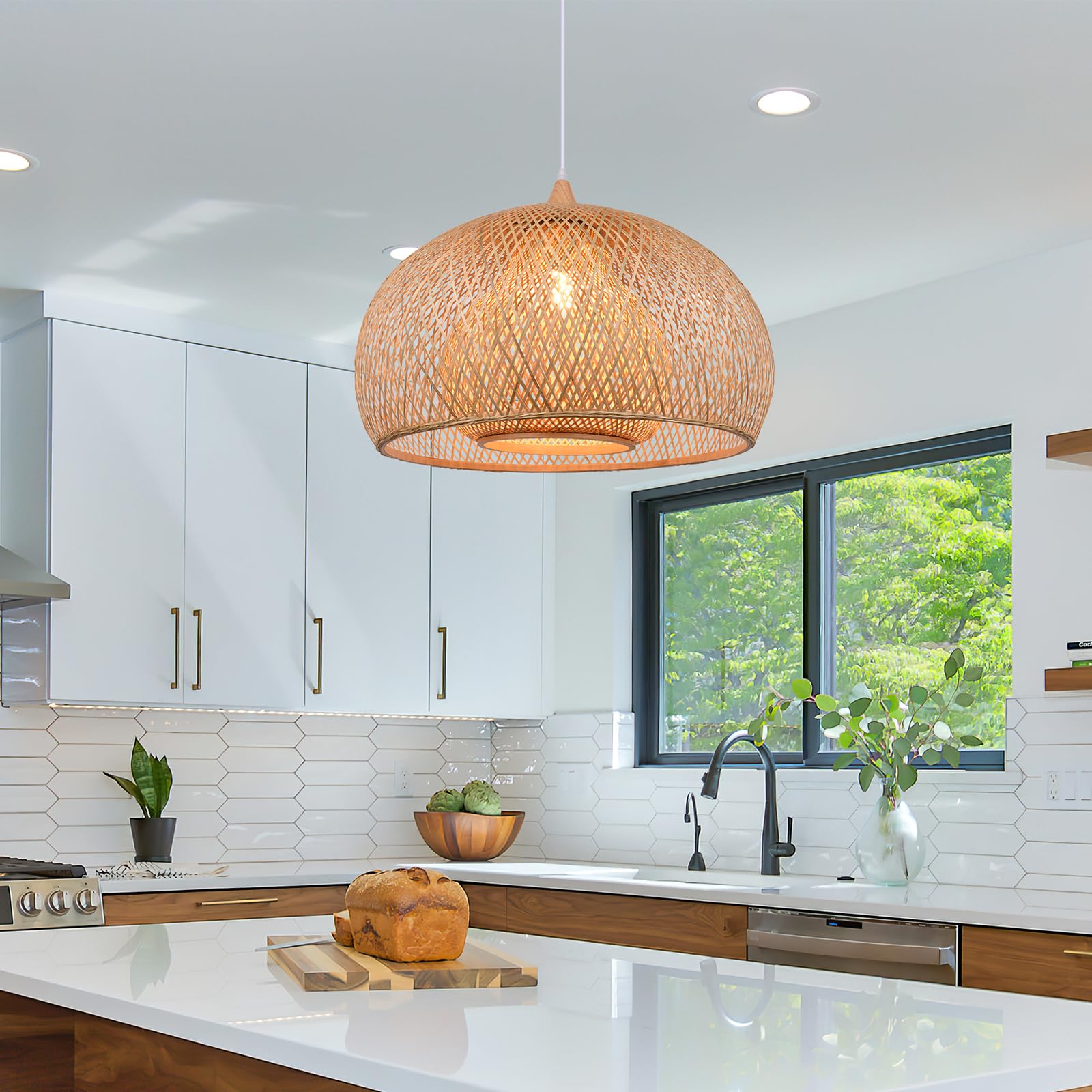 Handwoven Bamboo Pendant Light Fixture - Natural Wood Chandelier with Wicker Lampshade, 17.7x11.8 Inch Hanging Lamp for Bedroom, Living Room & Dining Room Decor - Perfect for Boho, Farmhouse and Coastal Style Interiors