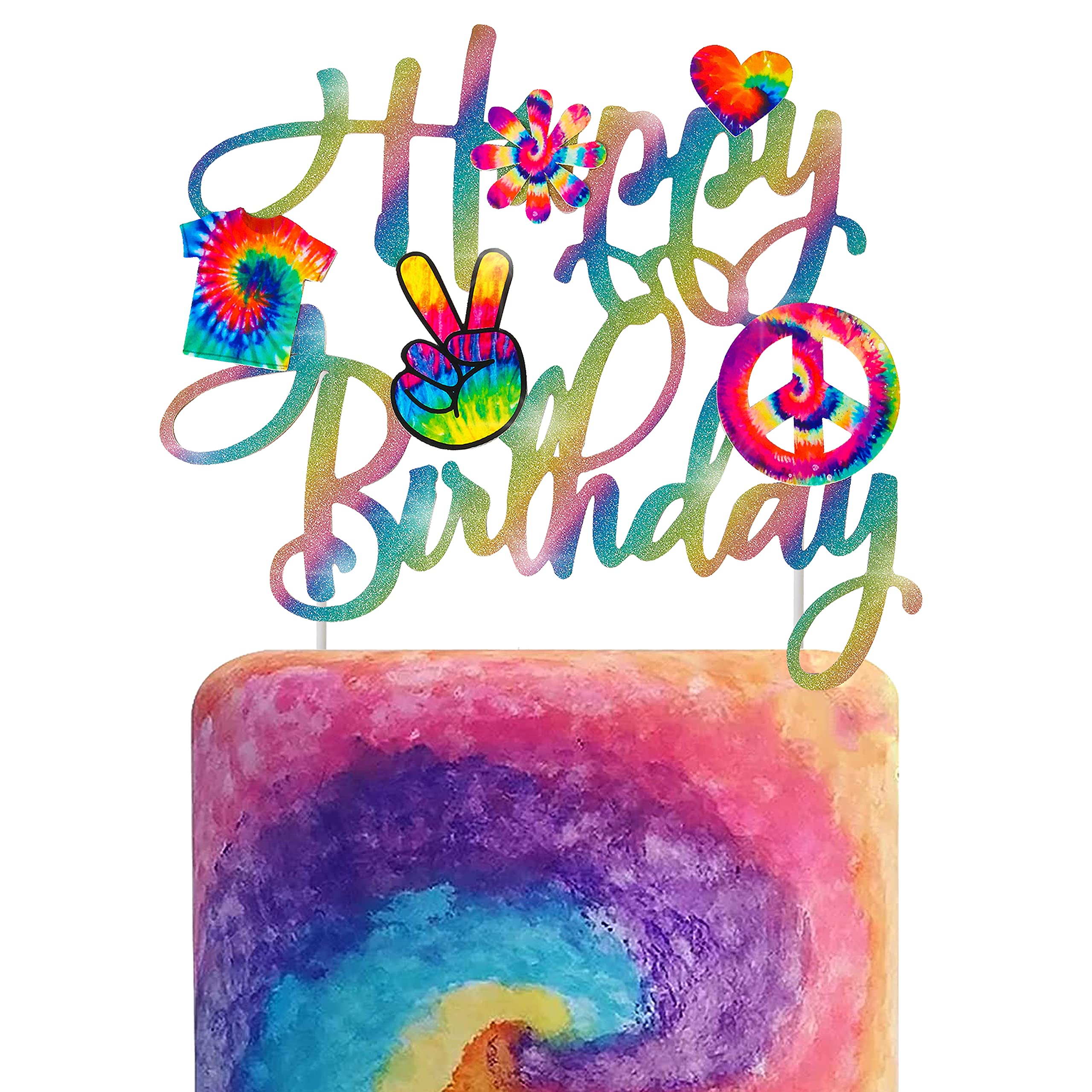 Vibrant Tie Dye Happy Birthday Cake Topper - Colorful Party Decorations for Hippie Theme, Carnival, Baby Shower & Groovy Parties - Perfect for Birthday Cakes, Cupcakes & Dessert Tables