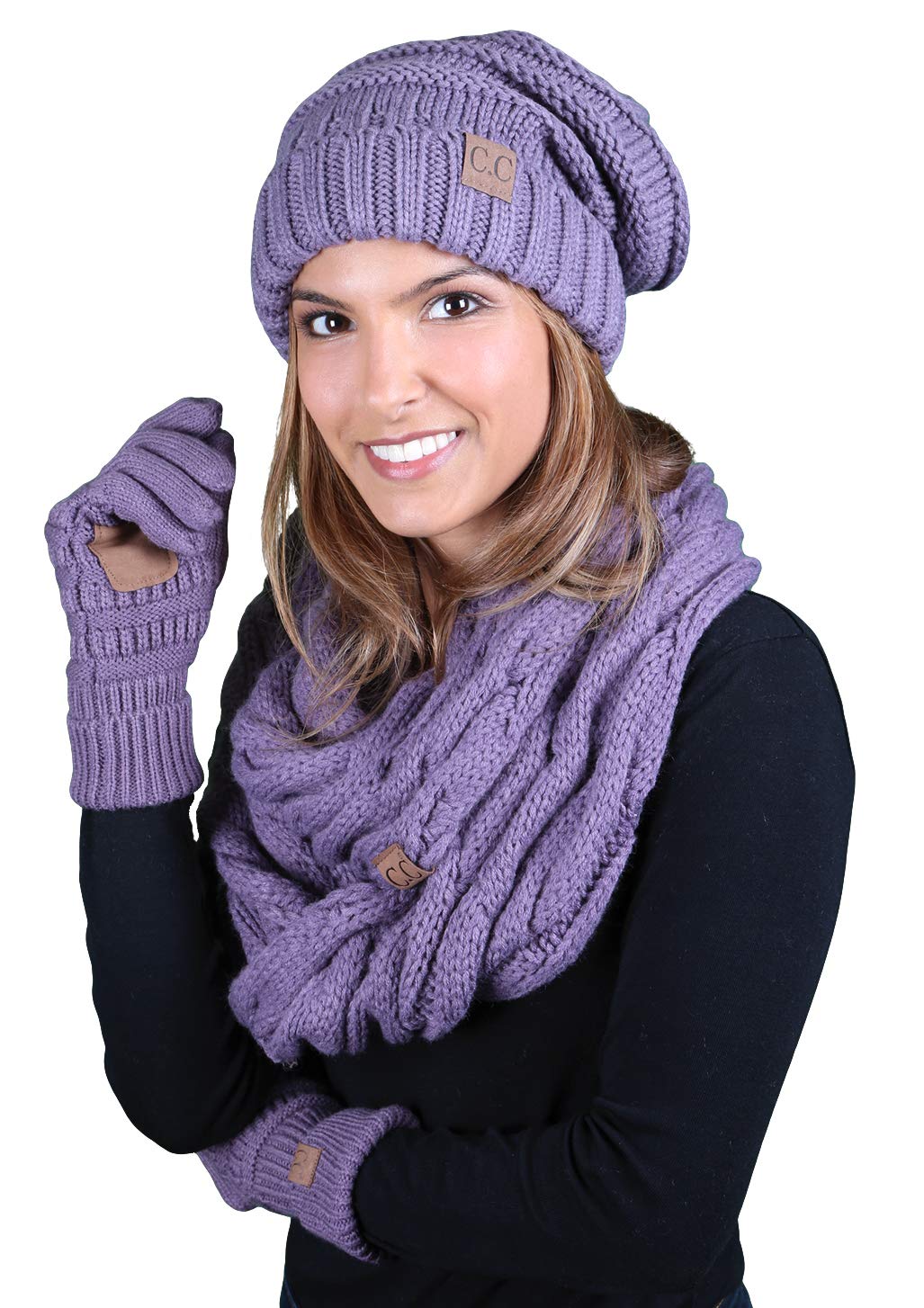 Funky Junque Matching 3-Piece Winter Set - Oversized Beanie, Texting Gloves & Scarf in Violet | Cozy Outfit for Women, Cold Weather Accessories, Gift Idea for Her | Perfect for Snow Days, Outdoor Activities & Fashion Statement