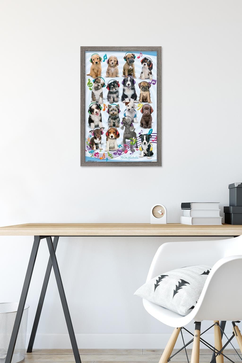 Trends International Keith Kimberlin Puppies Headphones Wall Poster - 14.725 x 22.375 Inches, Barnwood Framed Art Print - Perfect for Bedroom, Living Room, and Office Decor