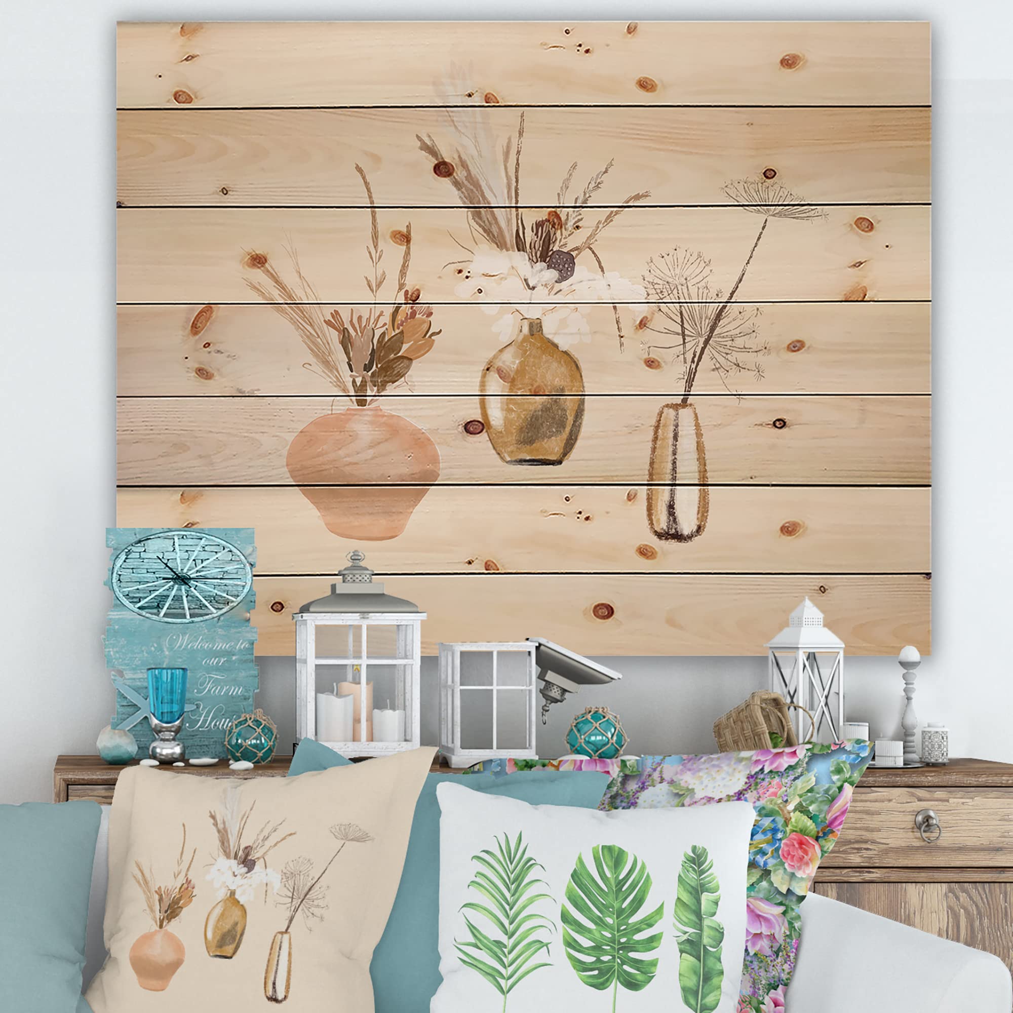 DesignQ Wildflower Bouquets in Gold Vases - Traditional Wood Wall Decor, Beige Floral Wall Art, Large Pine Wood Wall Panels | Perfect for Living Room, Bedroom & Farmhouse Decor