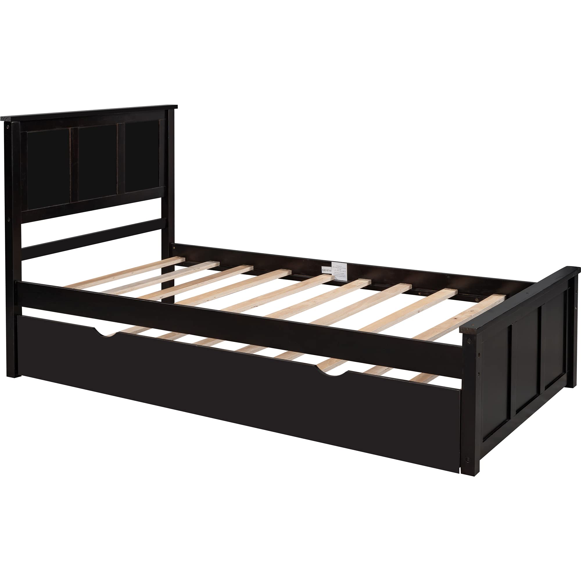 JINS&VICO Twin Size Solid Wood Platform Bed with Pull-Out Trundle - Espresso Captain Bed for Kids, Teens & Adults | No Box Spring Needed | Perfect for Guest Rooms, Dormitories & Small Spaces