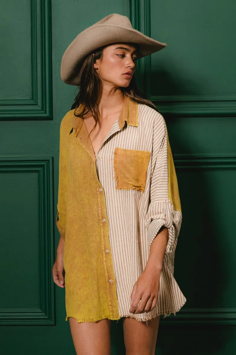 BiBi Washed Raw Hem Shirt - Trendy Distressed Denim Top for Women | Perfect for Casual Outings, Street Style & Layering