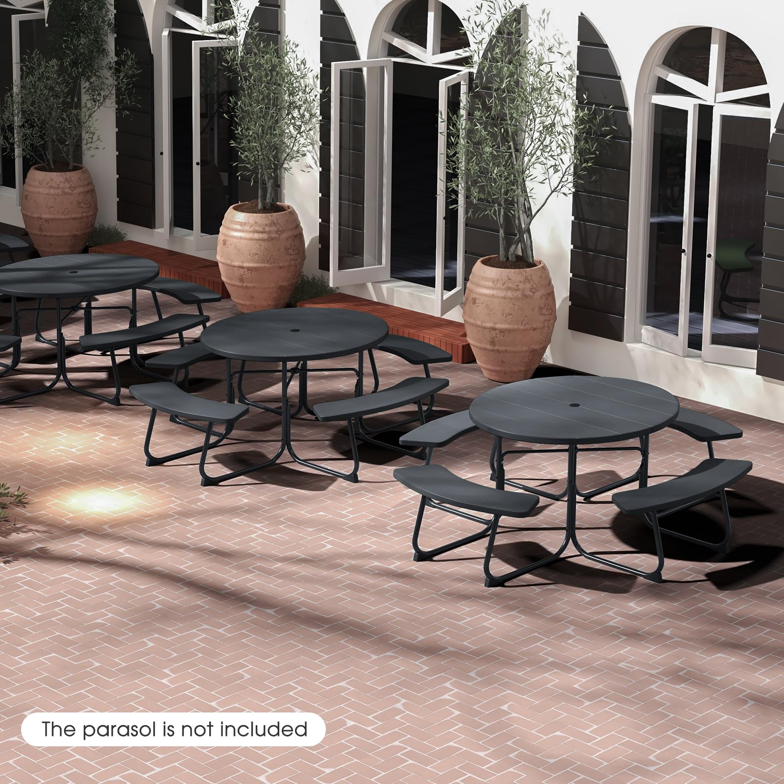 Giantex 8-Person Round Outdoor Picnic Table Set with Umbrella Hole - HDPE Top & Sturdy Metal Frame, 2000LBS Capacity - Perfect for Backyard, Deck, Garden, and Patio Gatherings (Black)